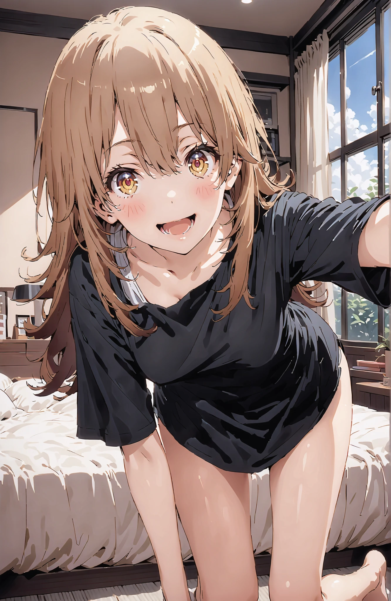score_9, score_8_up, score_7_up, source_anime,Iroha Isshiki, long hair, brown hair, brown eyes,smile,blush,opens his mouth,oversized t-shirt, one shoulder,Medium breast,Bare legs,bare feet,morning,morning日,interior,curtains,window, bet, betの上に座っている,Waking up,hugging a pillow, Beautiful Streetscapes,full bodyがイラストに入るように,in their 40s looking at viewer,full body,
in their 40s indoors,bedroom,
in their 40s (masterpiece:1.2), best quality, high resolution, Unity 8Kの壁紙, ( illustration :0.8), (beautiful detailed eyes:1.6), very detailed face, perfect lighting, very detailed CG, (perfect hand in h, perfect anatomy),
