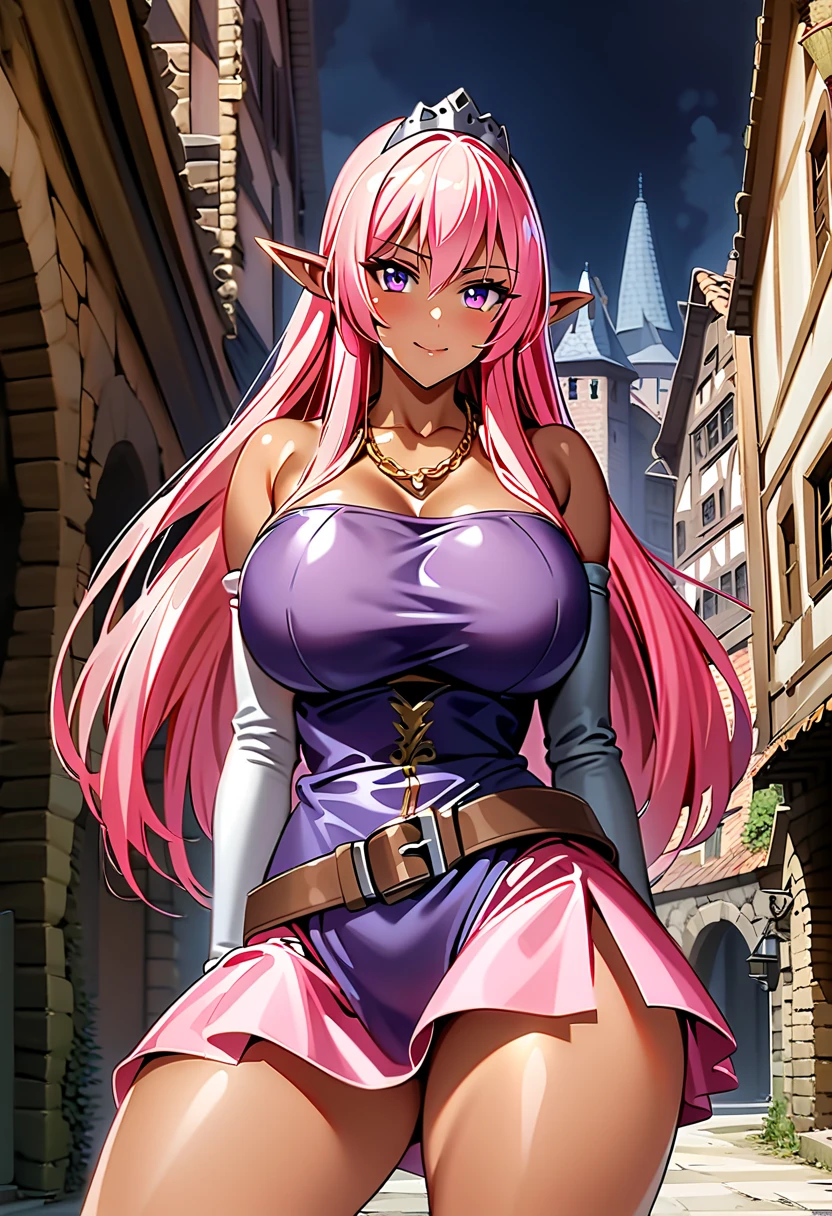 best quality, 32k uhd, insane details, intricate details, hyperdetailed, hyper quality, high detail, ultra detailed, Masterpiece, dungeon, full bodyesbian, detailed green eyes, beautiful eyes, one elf girl, full red lips, exposed navel, bare shoulders, large breasts, exposed cleavage, pink hair, straight hair, leather purple outfit, she wear purple high heel boots, seat in front of viewer, soft smile.