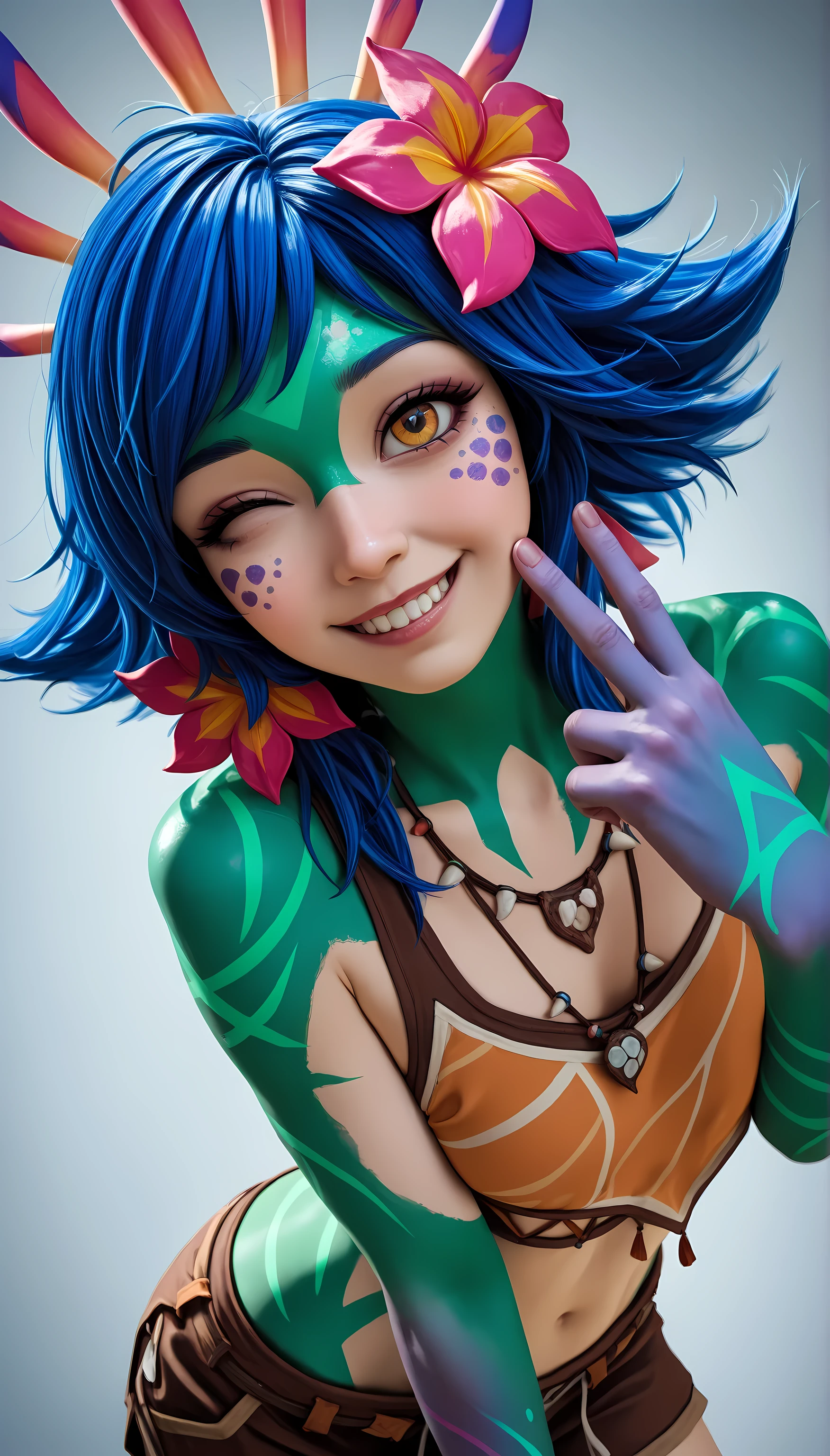 (photography, best quality), photorealistic, RAW, best score, best anatomy, ultra deitailed, amazing quality, very aesthetic, realistic:1.4 absurdres, highres, 2024, newest, HDR, 8K, high detail RAW color Photo, high contrast, portrait, (close up), large pupil, eyelashes, microtexture, rich in realistic textures, smiling, winking 1eye,
neeko, facial marks, hair ornaments, hair flower, necklace, brown shorts, croptop, upper body, ((forced perspective)), (making a V with his fingers), natural pose, creative angle, ((minimalist background))