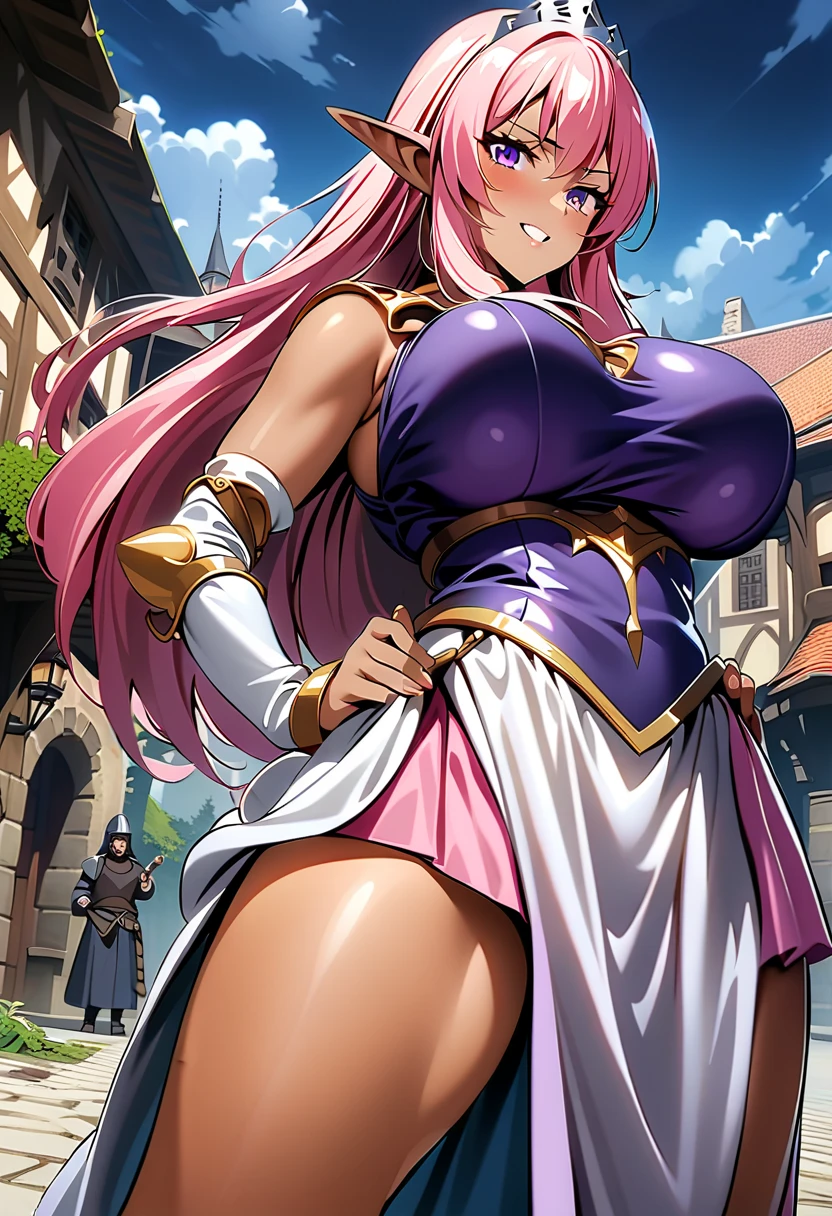 1girl, long hair, pink hair, multicolored hair, yellow eyes, choker, necklace, lipstick, blush, Hot girls, baddie, staring, glaring, bad attitude, mean girl, crazy, smoking, sensual, attractive, masterpiece, best quality, highly detailed, fantasy , a anime girls in armored dress holding a sword
posing for a picture, evil smile, smile, open mouth, breastplate with open cleavage, cleavage, warrior
outfit, ecchi anime style, anime girls, ecchi style, (nsfw) not safe for work, ecchi, digital anime art!!, in
anime style, official artwork, visual novel cg, beautiful anime girl, anime style 4 k , loincloth, exposed
belly, exposed navel, exposed midriff, exposed lower belly, pencil skirt armored, castle,inside castle