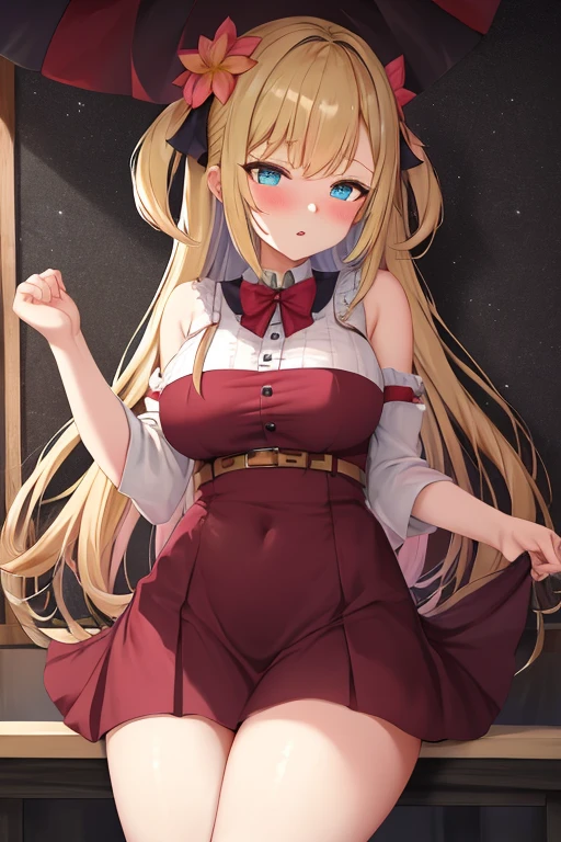 ((highest quality、High resolution、masterpiece))、Blonde、Cosplayer Beautiful Girl、Embarrassed face、((She lifts up her skirt and shows her panties))、I'm tempting you、I'm inviting you to have sex