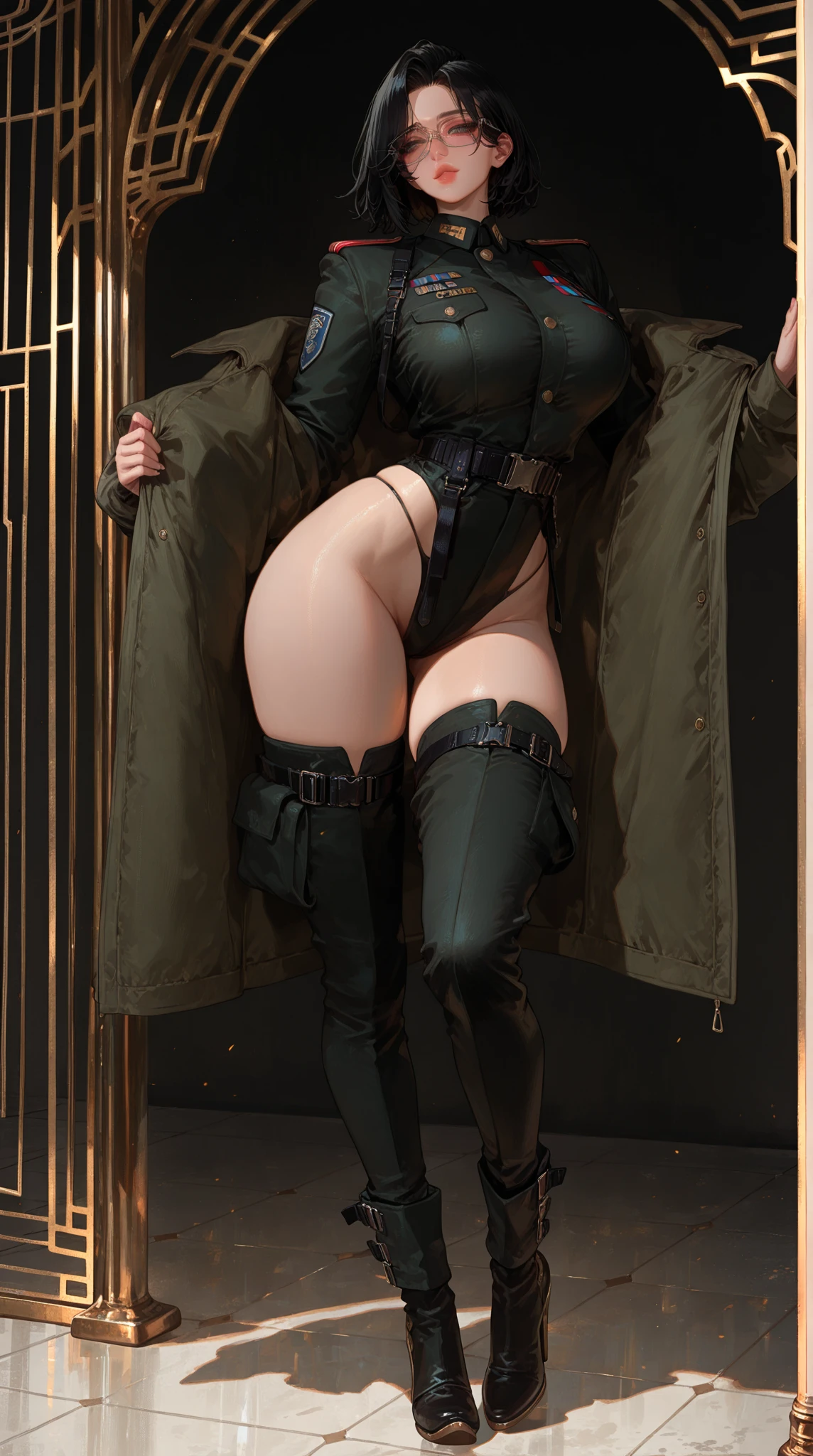 degenbrecher(arknights), necktie, groin, green jacket, military uniform, goat girl, black necktie, looking at viewer, clothes lift, large breasts, horns, stomach, lifted by self, uniform, hair between eyes, goat horns, animal ears, abs, solo, 1girl, long sleeves, ahoge, long hair, jacket, closed mouth, military, blonde hair, navel, open clothes, gloves, belt, shirt lift, black gloves, yellow eyes, collared shirt, orange shirt, goat ears, simple background, green background, shirt,Concept art of anime character, young woman, 21 years old, white short hair, glasses, huge breasts, white fashion shirt, brown open sweater, leggings, full body, two poses,best quality, masterpiece, highres, solo, {degenbrecher_arknights:0.90}, 1girl, looking_at_viewer, military_uniform, long_sleeves, black_necktie, upper_body, armband, collared_shirt, black_gloves, simple_background, closed_mouth, green_jacket, orange_shirt, white_background, adjusting_clothes