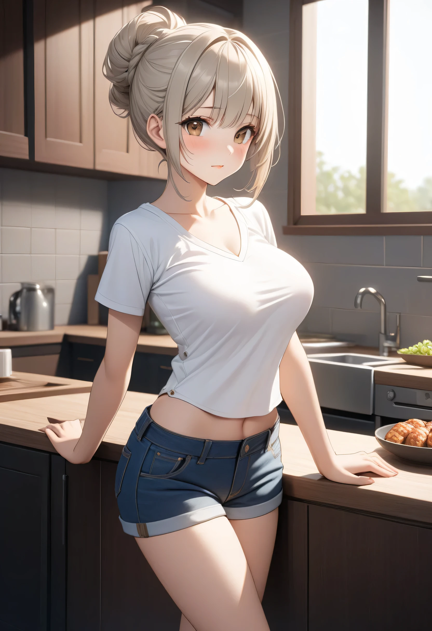 Masterpiece, better quality, Alta resolución, UHD, perfect pixels, depth of field, 4k, RTX, hdr))), 1 girl, single, full body, alone, beautiful anime girl , beautiful artistic style, anime character breasts, ((serene expression, childish gaze, beautiful face), (loose semi-short hair up to half back, bangs, Light gray blond hair)), (brown eyes: 1.4, not-so-rounded eyes , beautiful eyelashes,), (Detailed face, blush: 1.2), (smooth texture: 0.75, realistic texture: 0.65, photorealistic: 1.1, anime cg style), d cup breasts, foreground, (is standing behind a kitchen counter looking at the spectator from the front, There is food) Upright position , ((the girl wears a white V-neck low-cut sports-style short sleeve navel-like blouse, short denim mini short ,)),