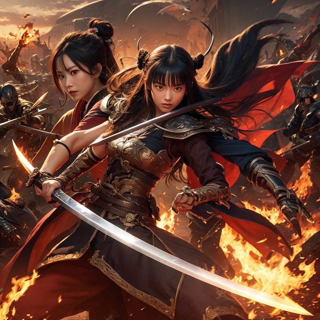 (best quality,4k,8k,highres,masterpiece:1.2),ultra-detailed,(realistic,photorealistic,photo-realistic:1.37),2 hot lady samurai,dueling in a blooming cherry orchard,mid-day,deadly weapons,cyberpunk costumes,cherry blossoms,sharp katana swords,long flowing hair,glimmering armor,striking poses,intense gazes,crimson sunset,dynamic fight,motion blur,dramatic lighting,neon lights,steampunk details,powerful stances,vivid colors,expressive eyes,emotional battle,ethereal atmosphere.