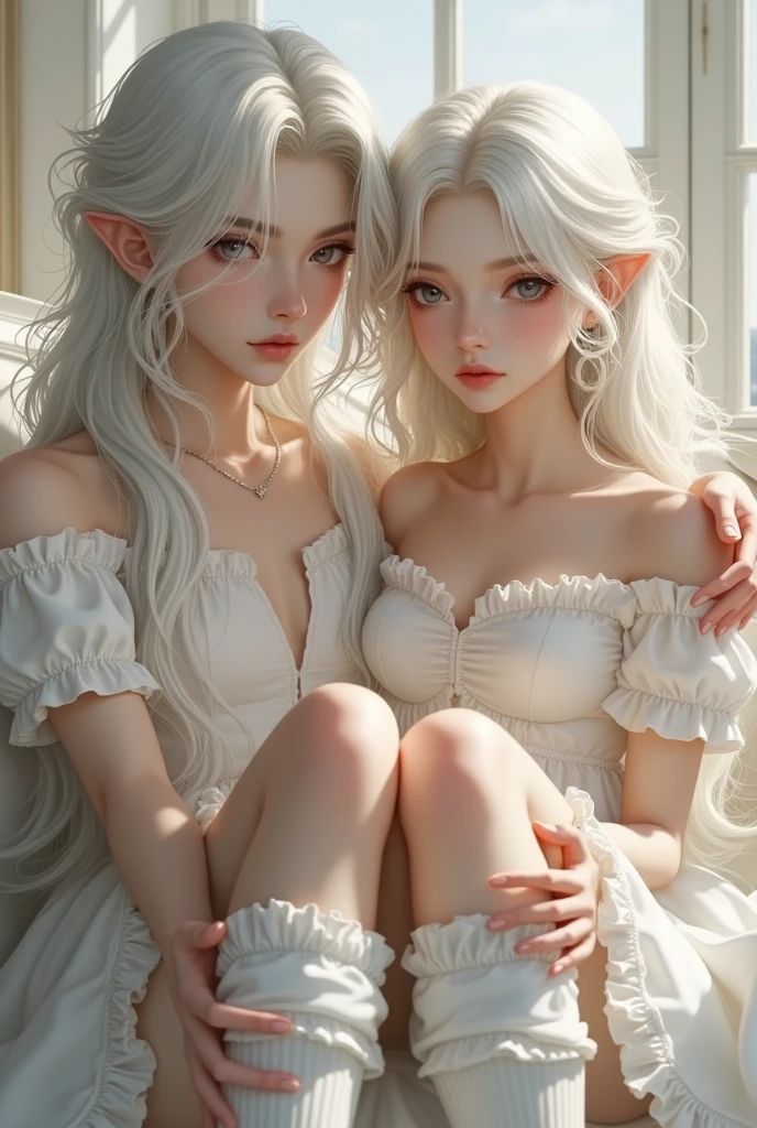 silver hair elven twins (two girls) , small body, with long pigtails, sitting, inside of a cage with large iron bars, In a gray peasant short dress dirty and scretched,, dress lifted andscratched and damaged, no top, undressing, fearful expression,, crying eyes and expression, showing pointy teeth, pointy ears. (only two girls), bruises on the body and her faces, blood stains in the clothes