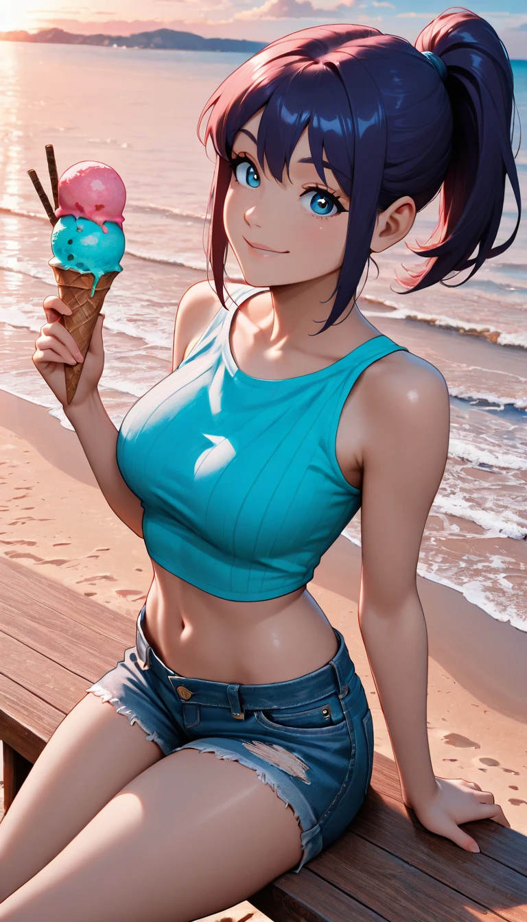 (8K, foto cruda, mejor calidad, obra maestra:1.2), (detalles intrincados), ojos perfectos, cara perfecta, perfect lighting, Hermoso, (obra maestra:1.2), (mejor calidad:1.2), 1 chica, solo, marinette, pelo azul, pelo largo suelto, adult torso, 17 years old, leve sonrisa, medium sized breasts, camisa blanca sin mangas, pink tracksuit pants