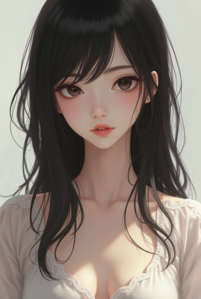 (best quality, highres:1.2), ultra-detailed, realistic:1.37, portraits, seductive gaze,detailed beautiful eyes,detailed long eyelashes,detailed lips,parted lips,intense blush,soft smile,soft smile and gaze,sexy woman, messy bun hairstyle, black hair,luscious black hair,cute bun, black and white striped t shirt, dark green skirt,medium chest, perfect body