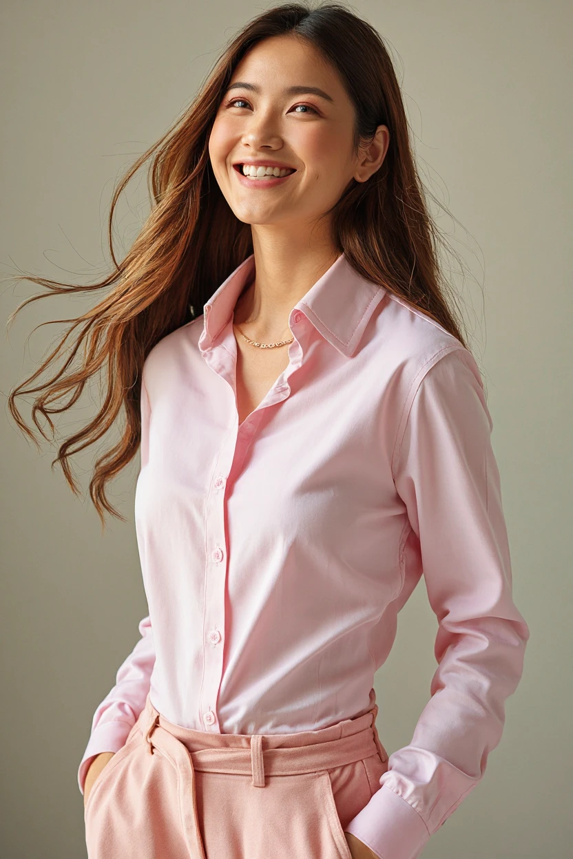 a naked dirty blond hair girl with blue eyes wearing only a pink long sleeve shirt, button down style, shirt open , breast showing through but not her nipples, she is standing and smiling