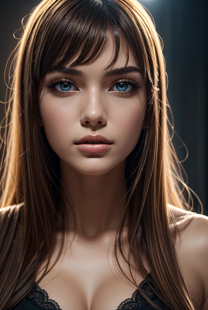 close up of a A young woman in her mid-20s with long, wavy brunette hair and blue eyes, looking at the camera, slender athletic body type, detailed facial features, beautiful detailed eyes, beautiful detailed lips, extremely detailed face, long eyelashes, intricate hair, natural skin texture, warm lighting, cinematic composition, portrait, oil painting, hyperrealistic, 8k, masterpiece, photorealistic, studio lighting, sharp focus, vivid colors, elegant, beautiful