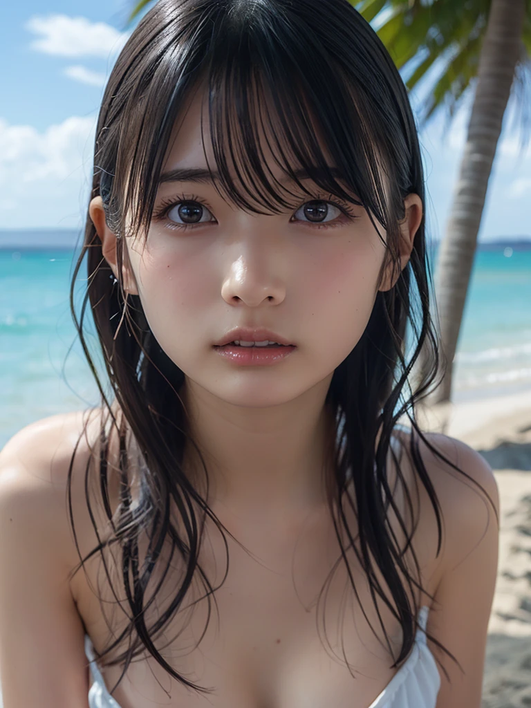 8k, highest quality, masterpiece, super high resolution, (realistic:1.4), RAW Photos, (Film Grain:1.3), One Girl, portrait of a skinny Japanese woman, 30 years old, standing on the beach, a cute face, detailed face, detailed eyes, {short|long} hair, correct body anatomy, wearing a bikini, photogravure