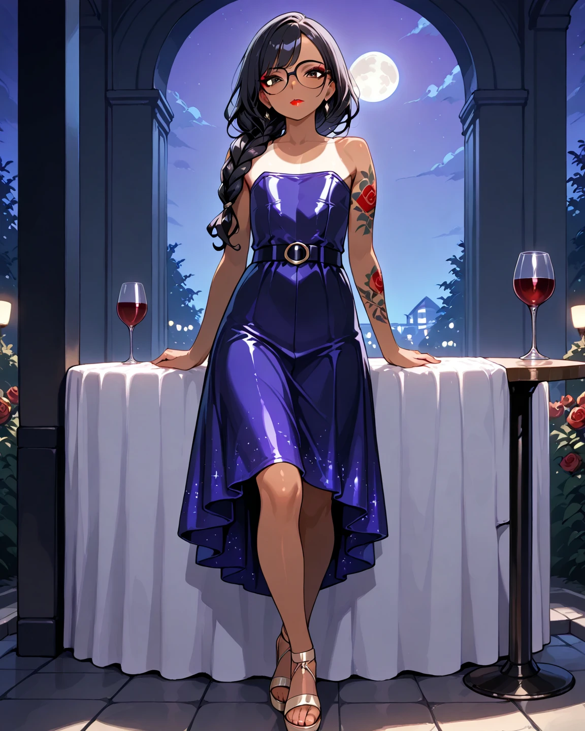 score_9, score_8_up, score_7_up, BREAK 1girl, izzytd, curly hair, dress, breasts, night, night sky, water, reflection, moon, bridge, looking looking at viewer,