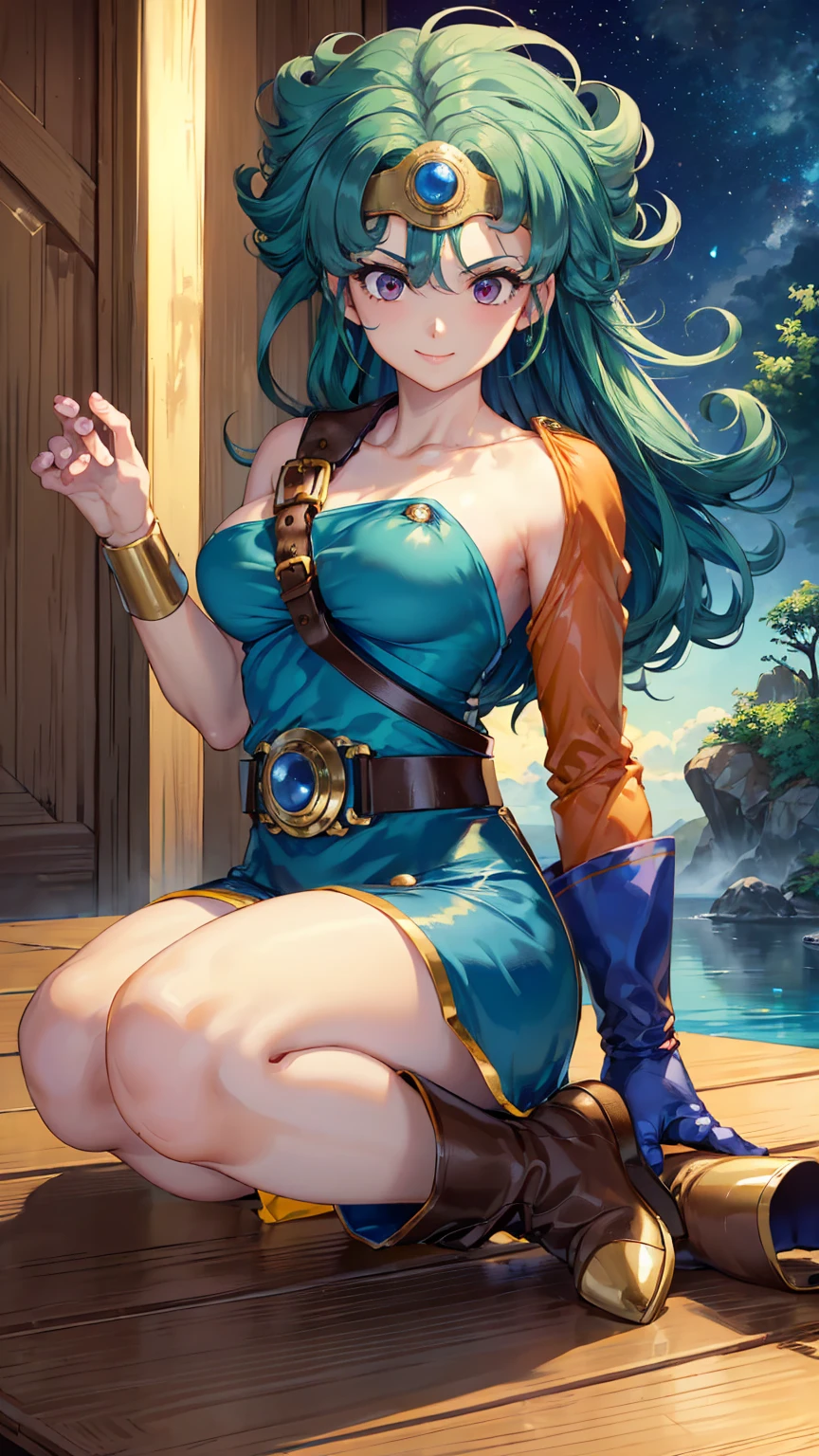 （（（ＳＦＷ、sound、Highest quality、Top notch work、Normal body、8k、Detailed face、Ultra-precision、Normal hand、のrefer、５refer、Highest）））、beautiful girl、Green Hair、yamato nadeshiko、((Small breasts、Shortcuts、Blue leotard、Muscular、Red Cape、Circlet))、Bastard sword、sword of the sky、Dragon Quest、Female Heroes、 Fight、Fight準備完了、((Perfectly executed:Description of the whole body,Standing posture,Draw the details well、There is no anatomical problem))