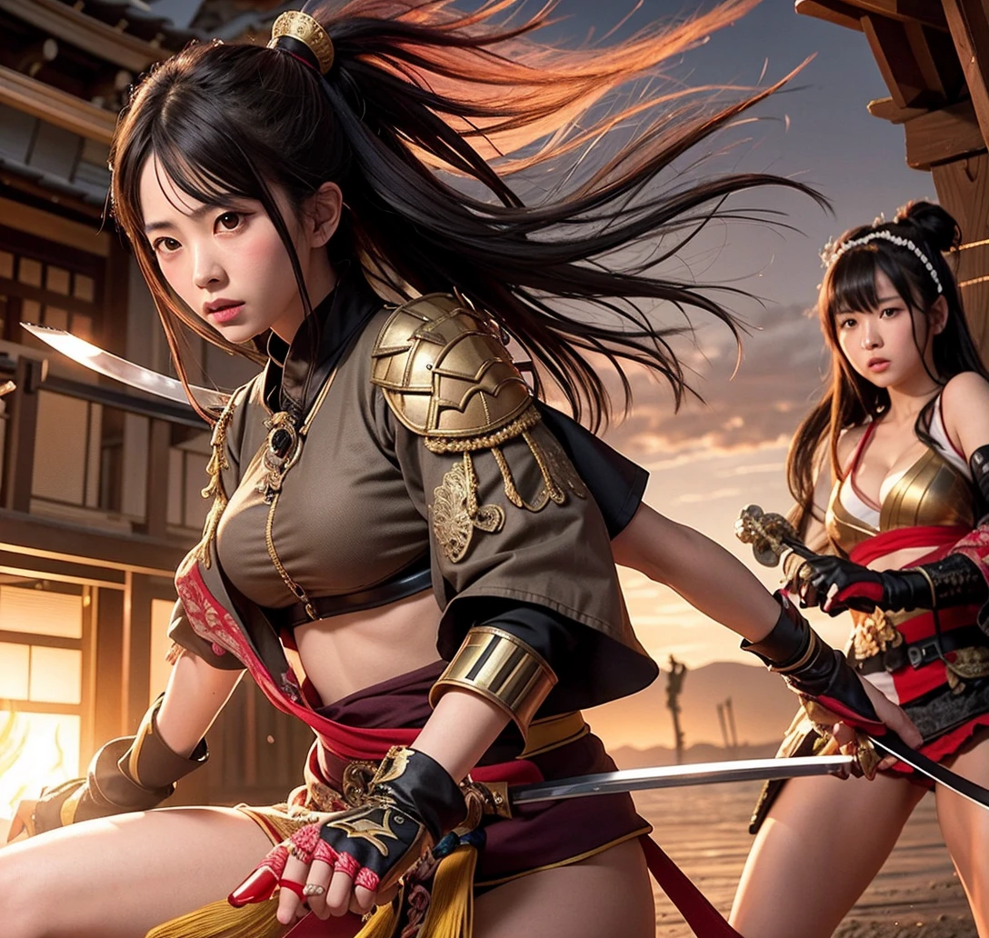 (In the Dark: 1), (Highest quality), (Reality: 1), Movie Posters, Realistic skin texture, Very detailed, 8k wallpaper, Volumetric lighting, Dynamic Lighting, With two girls, Black Shortcut, Small breasts, uniform, Short white shirt, Belly button、Mini Pleated Skirt, Waist Guard, Handguard, Veil, holding a long sword in front of you,hold a trench knife, (((The wind blows her skirt up, exposing her beautiful pussy))), ancient Chinese style, short sword at waist, attack posture, Bloodstain, Torn clothes, Battlefields of Ancient China, A group of ancient soldiers chasing and killing, The eagle is flying, war is flying, night, Dramatic composition, Around the sword, rich background details, war,Idol Smile