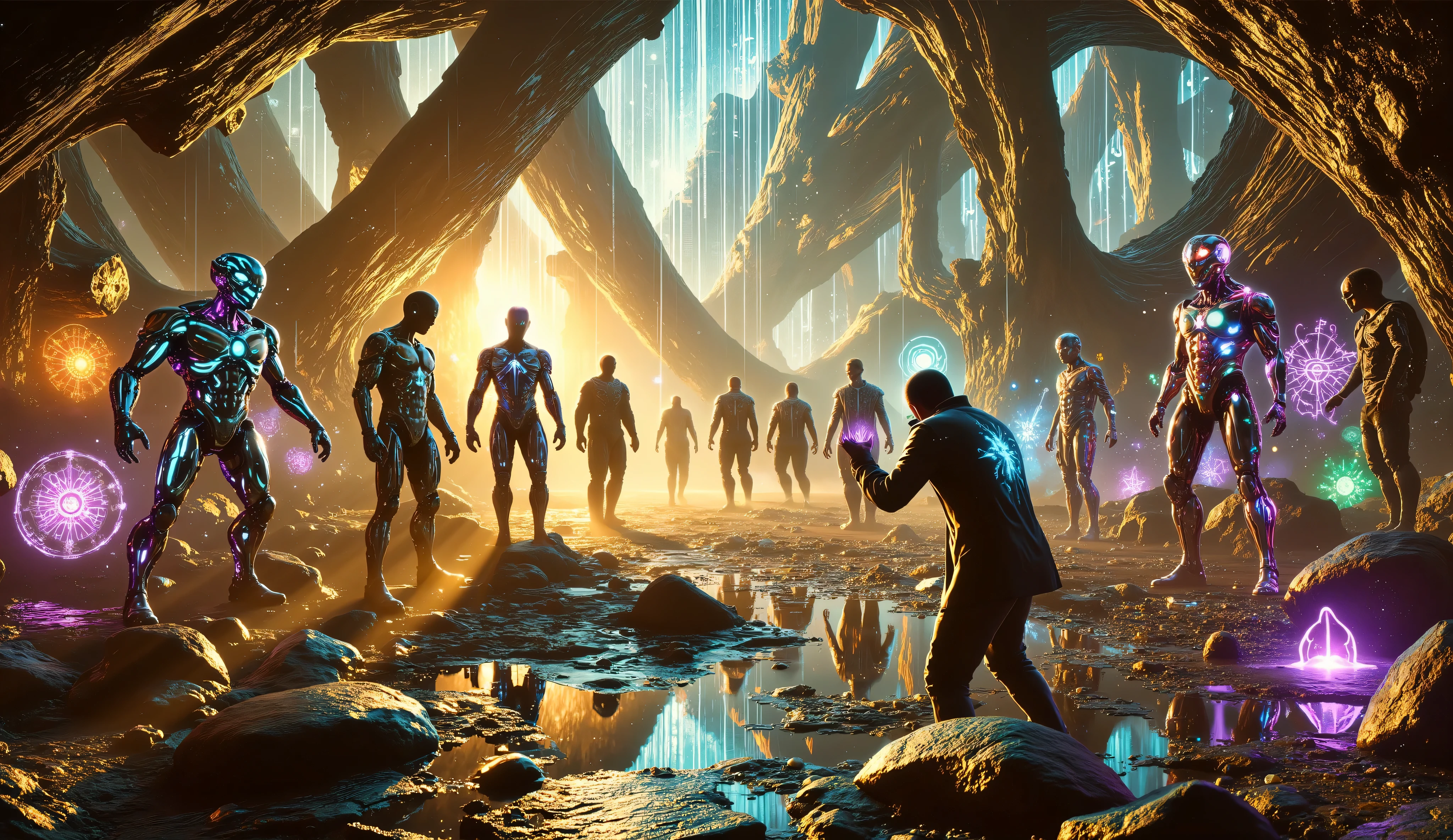 a group of diverse adventurers from different eras and worlds, standing united in ancient futuristic ruins, preparing for battle with glowing artifacts in hand, timeline fractures in the air, robotic ruins entangled with enchanted forests, cinematic lighting with golden hour glow and mystical shadows, by Artgerm, Greg Rutkowski, Simon Stålenhag, epic sci-fi fantasy, digital painting, concept art, rich golds and purples, octane render, unreal engine 5, (masterpiece:1.3), (high detail), (dynamic composition), (wide-angle), (8k), (HDR), (atmospheric fog), (realistic:1.4), trending on ArtStation