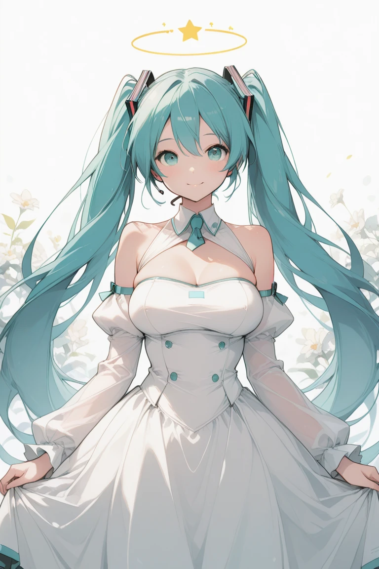 Highest quality, Perfect Anatomy,Cat ear masterpiece, hatsune miku, Exposing shoulders, The sleeves are separated, Evil Smiley Face, Red eyes, Iris, Pupil orange,Light blue hair,Super big breasts,Cleavage,White dress