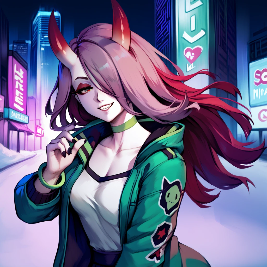 master masterpiece, 4k, highly detailed, night, snow, cyberpunk city, red and fern green palette, sucy manbavaran, oni, dasiwaoni, horns, oni horns, red horn color, solo female, dynamic pose, long hair, messy hair, happy expresion, cute face, 1girl, solo, pale skin, french grey skin, long hair, red hair, hair over one eye, half-closed eyes, red eyes, red eyeshadow, makeup, rocker, spike, green jacket, green spike choker, green spike bracelet