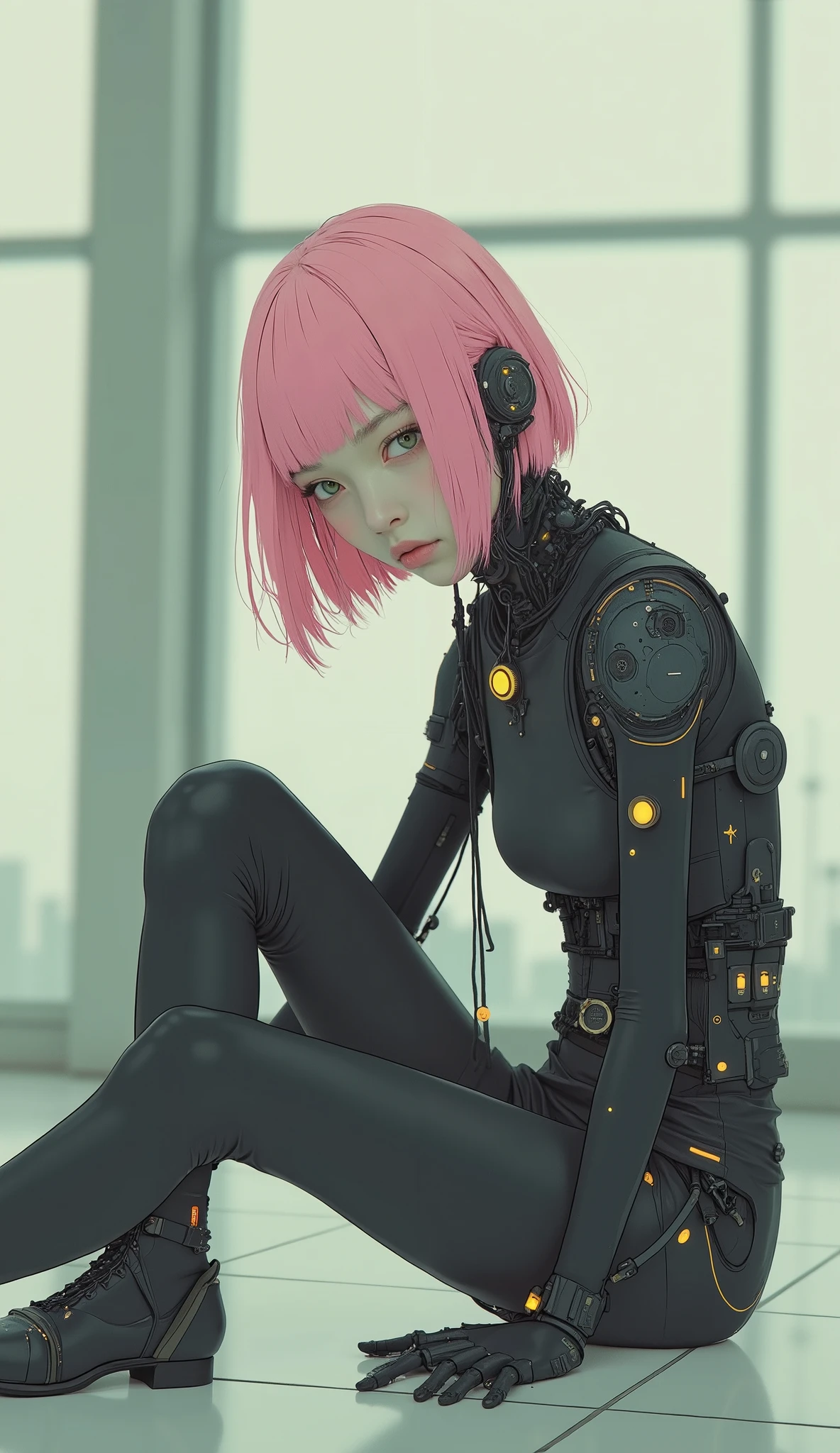 anime girl laying on the ground with her leg up,  Japanese Cyborg , pink bob cut, robot/the appearance of an android with mechanical limbs, Put your elbows on the ground、脚を上に曲げた状態で横になっているポーズアニメマンガrobot!! anime girl, 全身robot!! girl,  anime cyborg , gainoid cyborg body, perfect  anime cyborg  woman, cute cyborg girl, Female Mecha, のアニメrobotにオーガニック , robot girl, cyborg - girl, biopunk cyborg, cyborg girl,