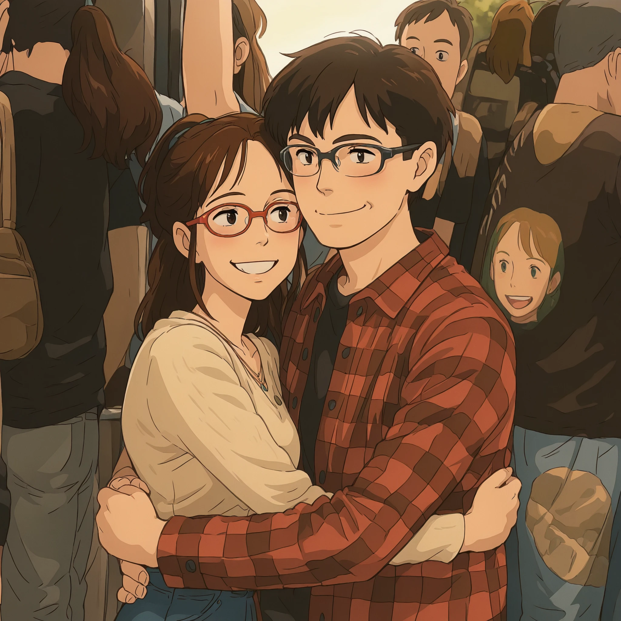 Masterpiece, hd, 1 couple, 1girl, 1boy, wearing casual outfit, glasses, hugging each other, smile, studio ghibli