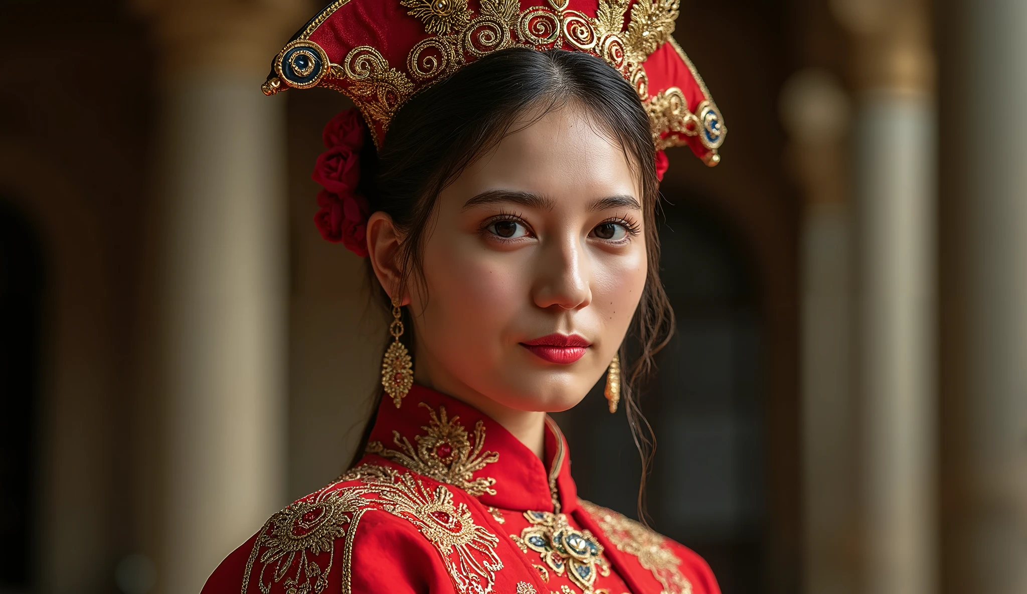 In a scene of a traditional Chinese wedding, a 20-year-old Chinese girl stands as the bride, dressed in a traditional Chinese wedding gown. She wears a phoenix crown on her head, exuding an air of dignity, beauty, and mystery. The magnificent phoenix crown, adorned with feathers that shimmer in shades of deep red and precious gold, symbolizes passion and prosperity. This exquisite accessory embodies the essence of rebirth and royal grandeur, evoking memories of bygone eras. It radiates regal majesty and timeless allure, seamlessly blending into the ambiance of a traditional Chinese celebration., black hair, chiaroscuro, depth of field, cinematic lighting, pov, Fujifilm, Nikon, best quality, highres, 16k