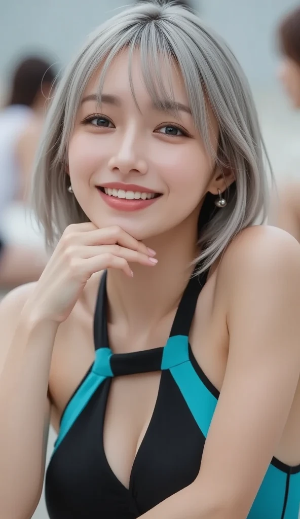 (8k, Photorealistic, Raw photo, Highest quality: 1.4),Japanese idol style１Beautiful girl of the person,18-year-old,Short Bob,Silver Hair,Hang your hair over your ears,Wearing shell earrings in her ears,Big, clear grey eyes,Long eyelashes,Tear bags,There is a blackhead under the left eye,Plump Cheeks,Pink lip gloss for glossy, plump lips,Perfect white teeth,Smiling with the corners of his mouth turned up,barefoot,Wearing a black gothic dress,sitting on the grass under a tree in the park,Leaning against a tree,She is surrounded by the gentle sunlight filtering through the trees.,Full body portrait