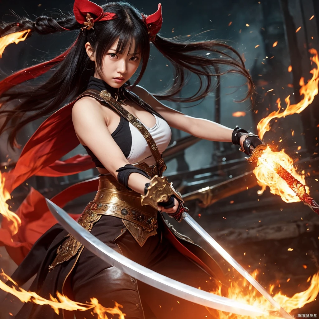 Girl, Holding a sword decorated with Japanese symbols, twin sword,Blue flames coming out of the decoration, A dragon came out of it、A blue wind blows with a skull ghost, Perfect Judy with a face and scythe,The woman is wearing a proper red outfit made of sickle steel., The woman's hair is black, The girl is the incarnation of a demon., Dragon on background,(The background of the CG 8k module is very detailed) (Highest quality), (Best illustrations), (Best shade), Highly detailed t-v6 mix 4, (8k, RAW Photos, Highest quality, masterpiece: 1.45), (Realistic, photoRealistic: 1.37), One Girl, cute, Professional Lighting, Photon Mapping,Small face,(cute顔:1.2)Beautiful 18 year old Japanese woman), cute顔, (Deeply chiseled face:0.7), (freckles:0.6), Soft Light,Healthy white skin, shy, (Serious face), (Sparkling eyes), thin, smile, uniform, Braiding
