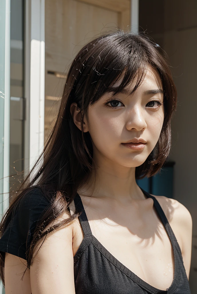 RAW photo, best quality, ultra high resolution, photorealistic asian woman, natural brown eyes, minutely detailed, normal skin, Hairstyle and bangs, long hair, full view, natural makeup, subtle makeup, beautiful black dress, full body