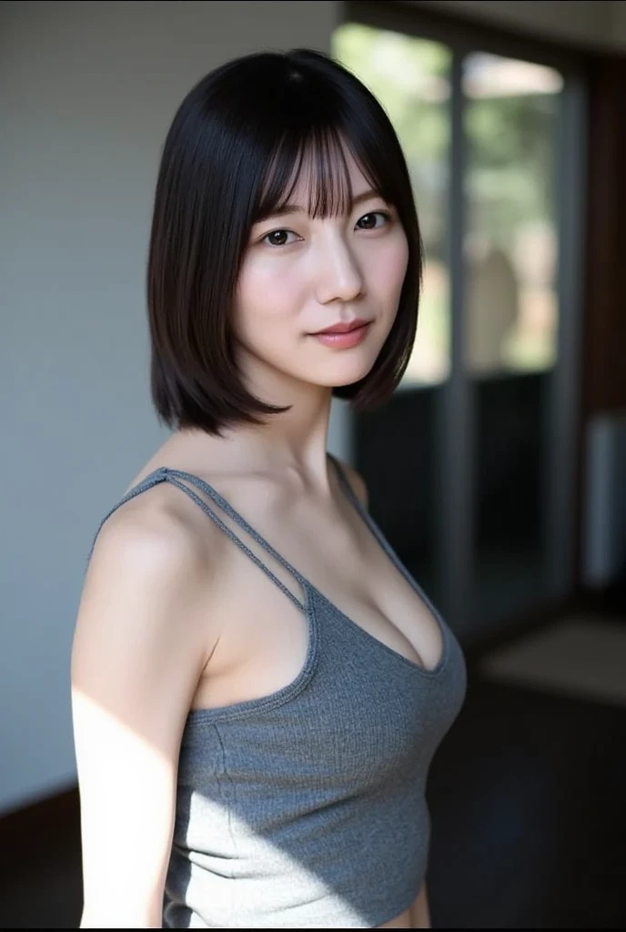 (Highest quality, 8k, 32K, masterpiece, ),Beautiful Japanese Women Photos, Super Short Hair,I can see the ears、Shiny black hair、Thighs、Tank top, Looking at the audience,Sunburned skin、Big smile、belly button、Large Breasts、Detailed face、Detailed eyes、18-year-old〜32 and random age、Embarrassed look、Half-open mouth、blush:2.0、sitting cross-legged on the floor:2.0、Sitting cross-legged:2.0,Veranda of a Japanese house in summer