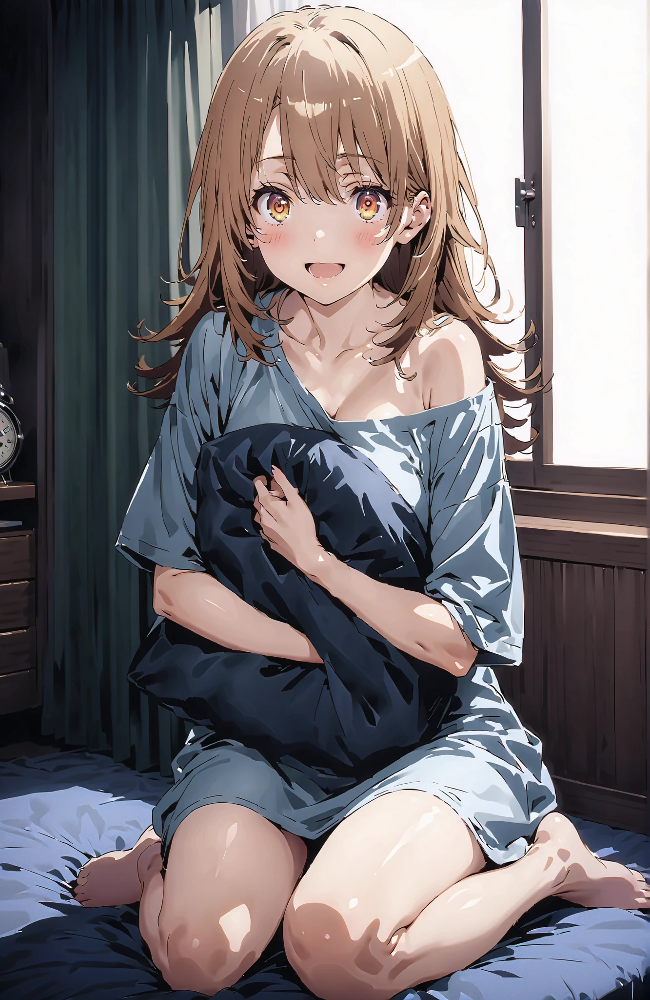 score_9, score_8_up, score_7_up, source_anime,Iroha Isshiki, long hair, brown hair, brown eyes,smile,blush,opens his mouth,oversized t-shirt, one shoulder,Medium breast,Bare legs,bare feet,morning,morning日,interior,curtains,window, bet, betの上に座っている,Waking up,hugging a pillow, Beautiful Streetscapes,full bodyがイラストに入るように,in their 40s looking at viewer,full body,
in their 40s indoors,bedroom,
in their 40s (masterpiece:1.2), best quality, high resolution, Unity 8Kの壁紙, ( illustration :0.8), (beautiful detailed eyes:1.6), very detailed face, perfect lighting, very detailed CG, (perfect hand in h, perfect anatomy),