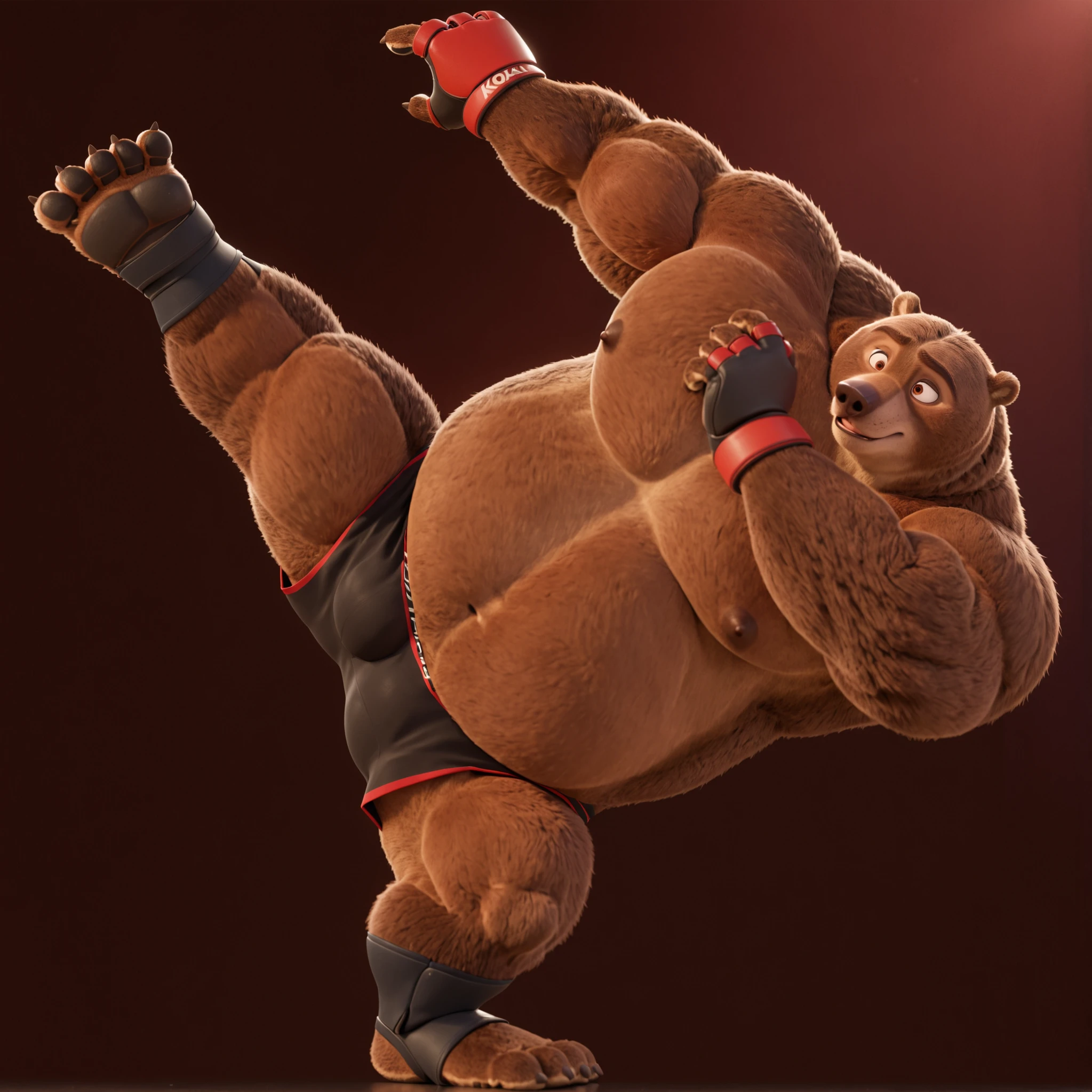Solo, 1boy, Muscular Old, grunting, frustration intimidating glare, focus, wide shoulder, pectoral, thick arms, huge pectoral, wide pectoral, brown nose, height: 220cm, weight: 440lbs, a Kodiak brown bear in a black MMA shorts with red slits, wearing an MMA gloves with red knuckle pads and an ankle support brace as he front kicks in the gymnasium warehouse, Disney 3D Zootopia Art Style,