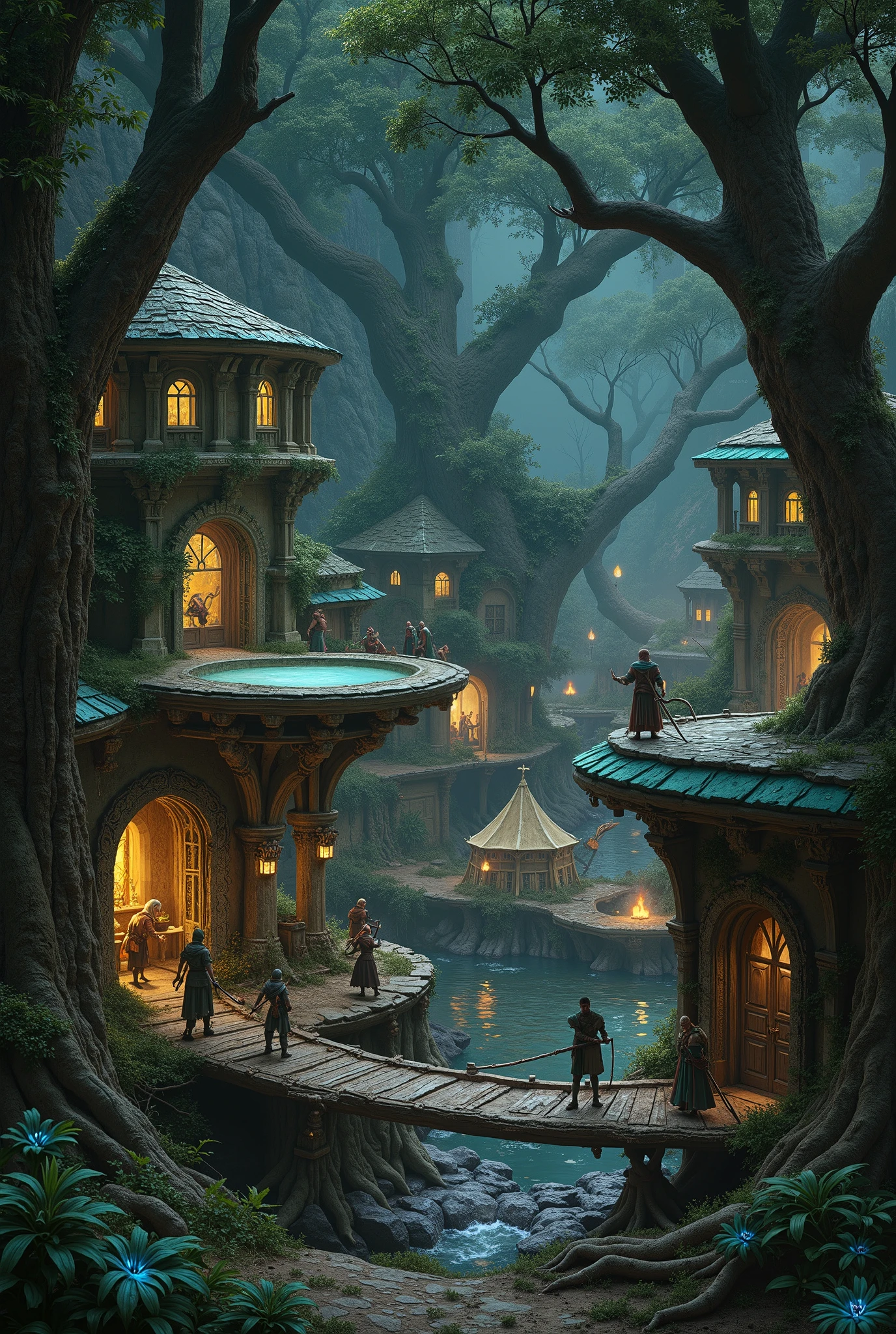 elf war houses, many elves protecting the houses, tents war centers, 4K, 8K, darkness, nightlight.
