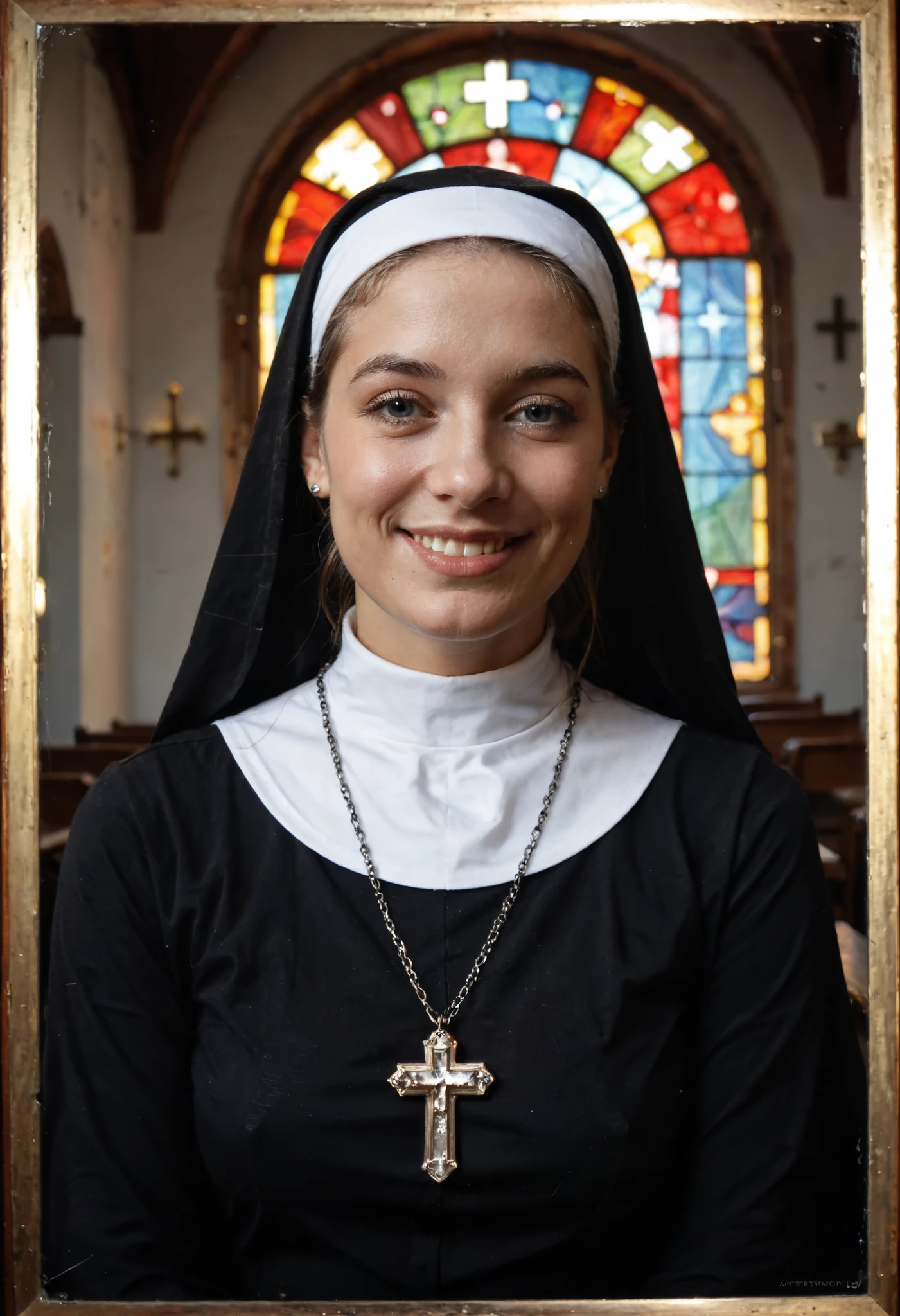 Masterpiece, photorealistic.
An old Polaroid Photo, Photo Borders, framed, very old Polaroid Photo with cracks, Iconographic.
A graceful Nun, Style from the Fifties, faded vintage Color Scheme, in a Catholic Church, traditional Nun's habit, wearing a traditional Nun's Hair veil, subtle smile to the side downwards, Stained Glass, teardrop Breasts, authentic Human Skin Texture, wearing a cross pendant.
Style of Albrecht Dürer, Style of Élisabeth Vigée-Lebrun.