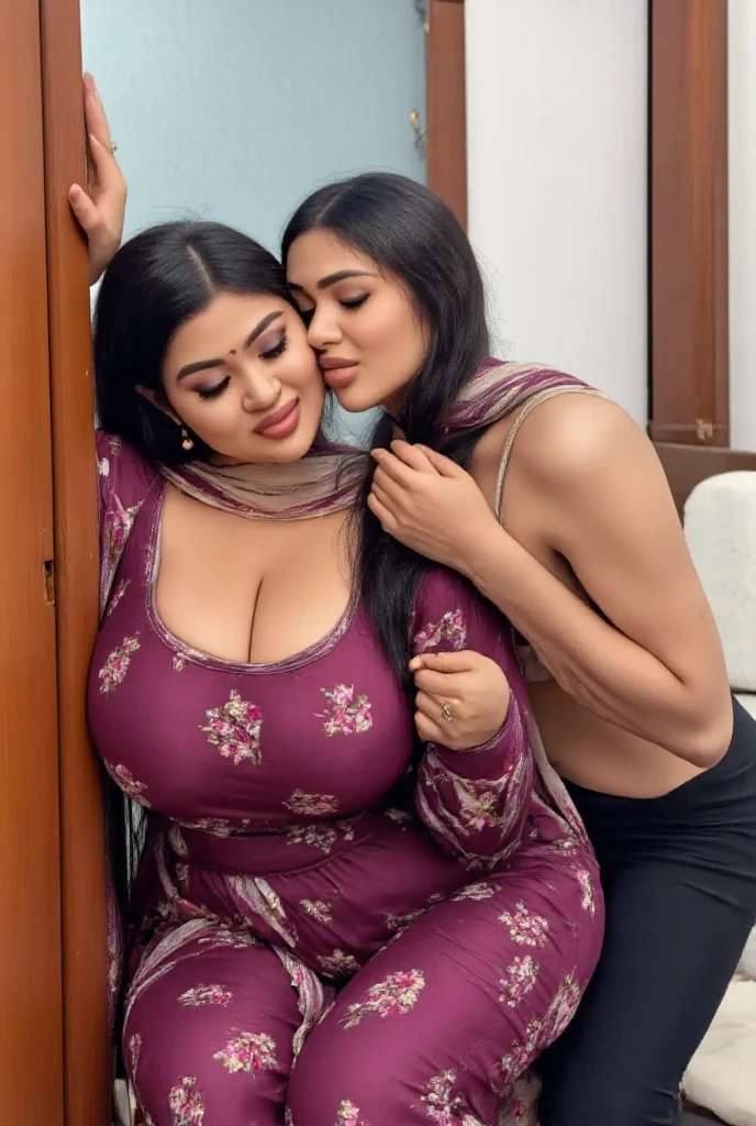 in modern office,while watching some bananas on the table,three fully nude 85 years old indian ladies in tongue out in red,blue,yellow sarees,natural black_gray color hair,very long,tailbone length hair,drenched with 10 liters hair oil in hair,slicked combed,cascade down to back side,one lady on top of the other lady.kissing,licking,fingering,full nude,