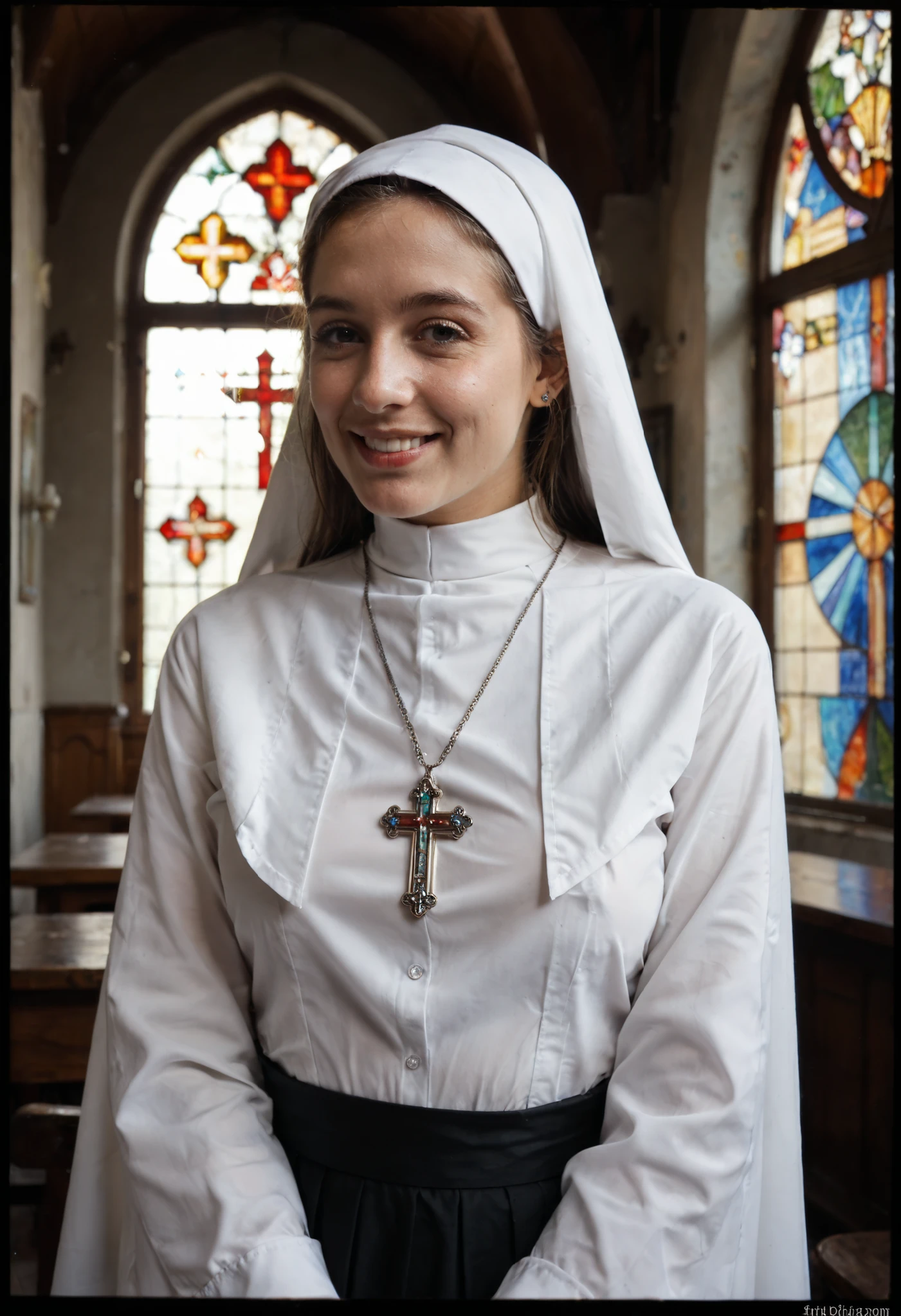 Masterpiece, photorealistic.
An old Polaroid Photo, Photo Borders, framed, very old Polaroid Photo with cracks, Iconographic.
A graceful Nun, Style from the Fifties, faded vintage Color Scheme, in a Catholic Church, traditional Nun's habit, wearing a traditional Nun's Hair veil, subtle smile to the side downwards, Stained Glass, teardrop Breasts, authentic Human Skin Texture, wearing a cross pendant.
Style of Albrecht Dürer, Style of Élisabeth Vigée-Lebrun.