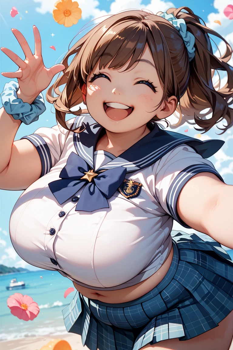 score_9, score_8_up, score_7_up, score_6_up, source_anime, BREAK 1girl, kronya, grey skin, short hair, hair over one eye, facial mark, large breasts, nipple slip, short serafuku, white t-shirt, midriff, short sleeves, pleated skirt, closed eyes, happy, leaning forward, blue sky