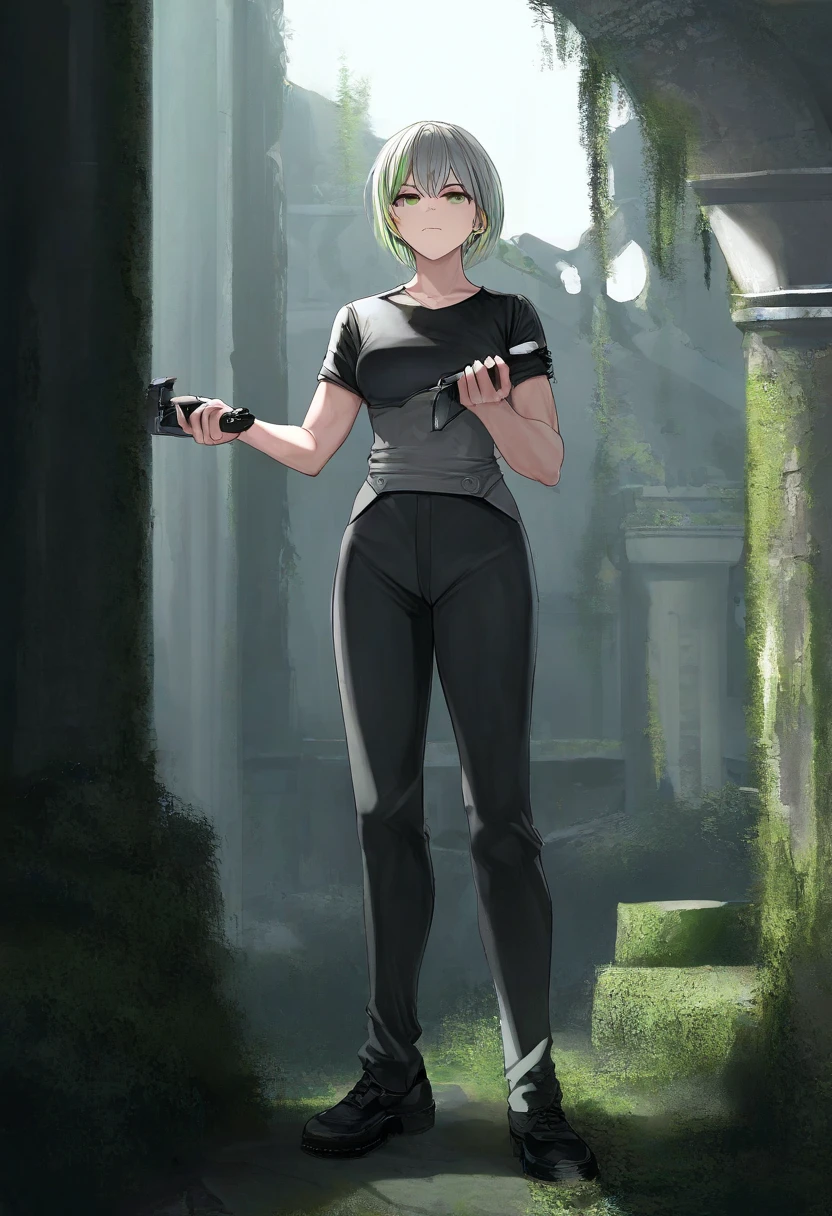 A man with a toned body, alone, He has a pistol in his hand, gray hair, Moss green tone hair, 1 girl with short hair , ((black and grey social shirt, Black and gray trousers)), Black social shoes, Serious look, Light green eyes, ancient ruins, black tie .