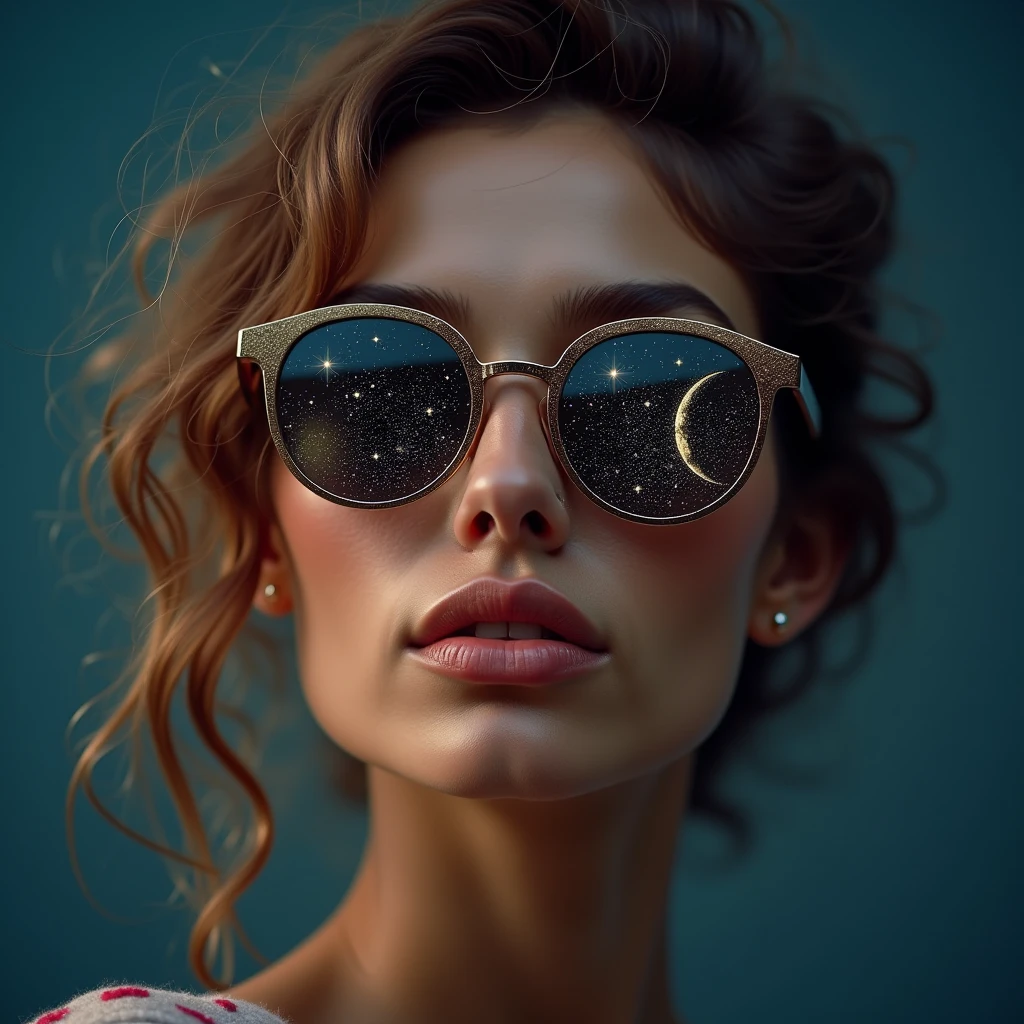 Model wearing glass sunglasses，There are stars and moon on the lens