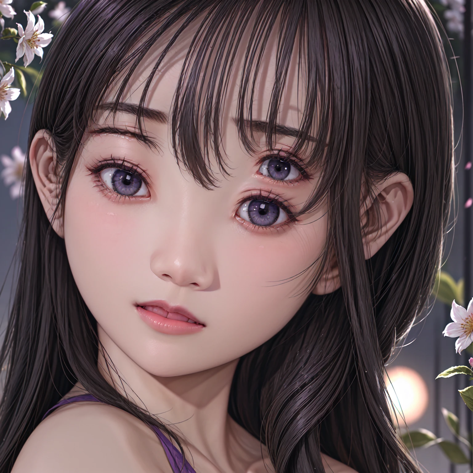 realistic, 1girl, gray hair, Purple eye, glowing eyes , cropped top, dress, slightly raised lips, Blush, Night, blossoms, suns, sunslight,