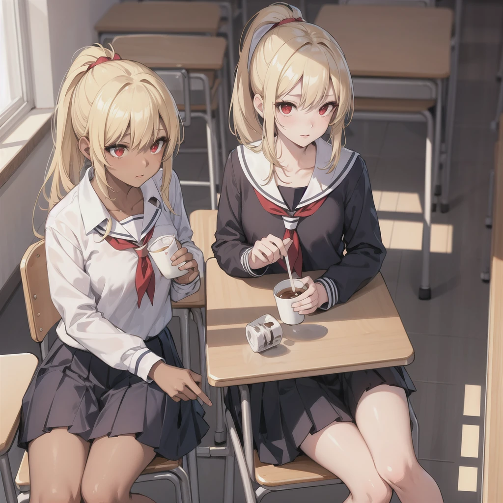 (masterpiece:1.2, best quality), 1lady, alone, school uniform, Classroom, daysies, Sat down, blonde, double ponytail, red eyes, Expose the collarbone, dark-skinned, (Exposed milk:1.1),