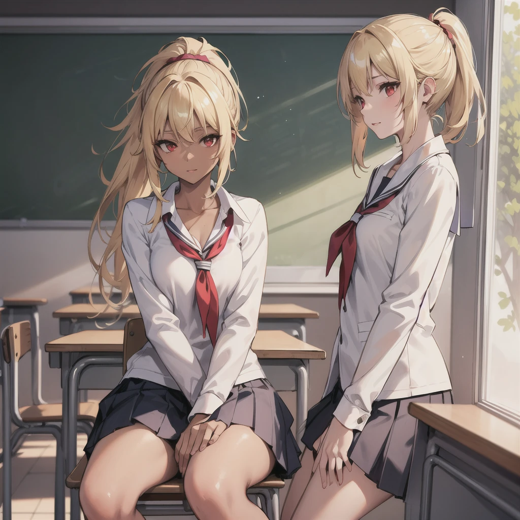 (masterpiece:1.2, best quality), 1lady, alone, school uniform, Classroom, daysies, Sat down, blonde, double ponytail, red eyes, Expose the collarbone, dark-skinned, (Exposed milk:1.1),