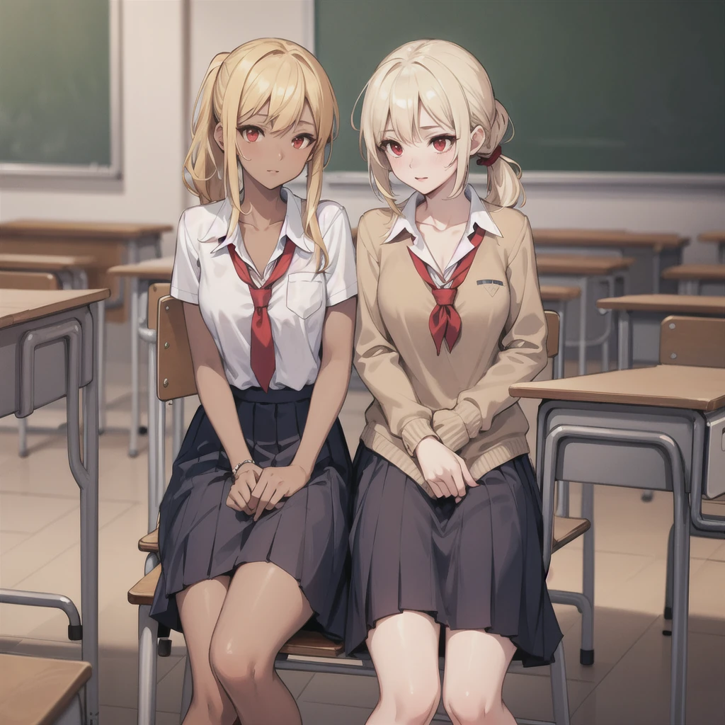 (masterpiece:1.2, best quality), 1lady, alone, school uniform, Classroom, daysies, Sat down, blonde, double ponytail, red eyes, Expose the collarbone, dark-skinned, (Exposed milk:1.1),