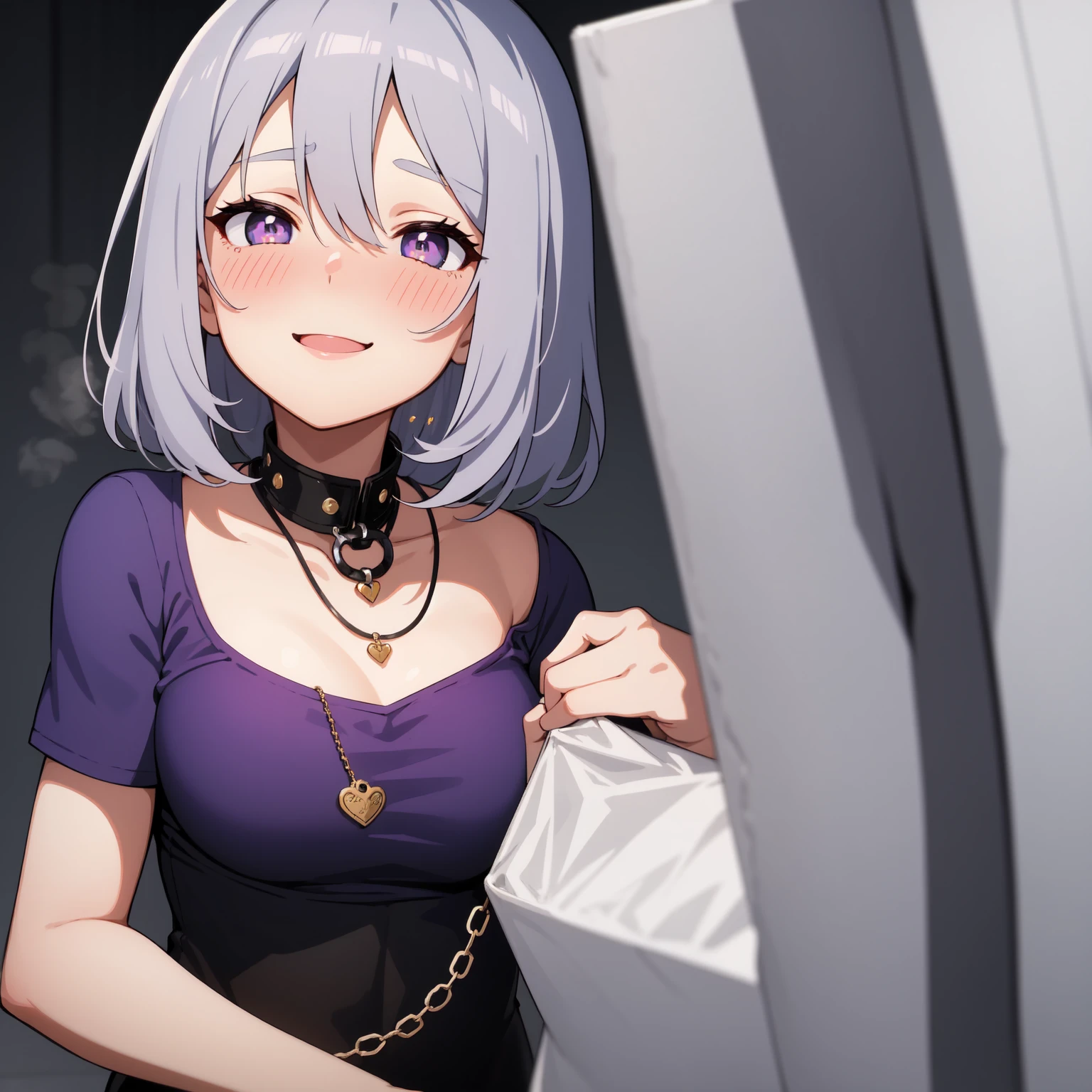 1girl,inner strength-shaped pupils,finger nails,place your hands on your face,gray hair,Purple eye,(Blush:1.1),neck chain,upper body,shiver,perspiring,perspiringdrop,inner strength,(speed-line:1.1),medium sized, ((Heavy breathing:1.3)), Loves, inner strength, cropped top, happy, Smile