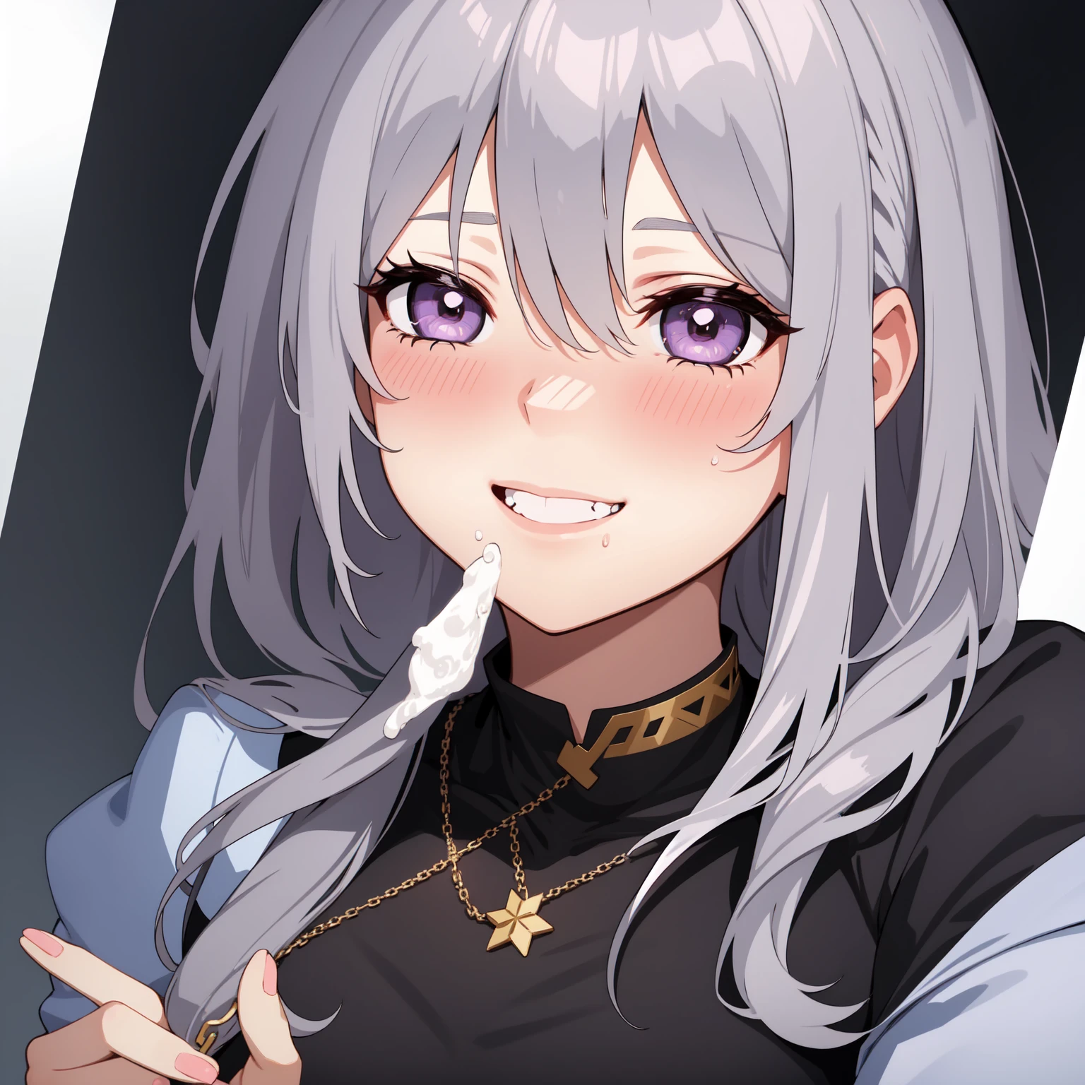 1girl,inner strength-shaped pupils,finger nails,place your hands on your face,gray hair,Purple eye,(Blush:1.1),neck chain,upper body,shiver,perspiring,perspiringdrop,inner strength,(speed-line:1.1),medium sized, ((Heavy breathing:1.3)), Loves, inner strength, cropped top, happy, Smile