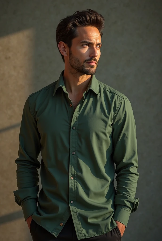 Man with green unbuttoned shirt, soft green eyes,blushing