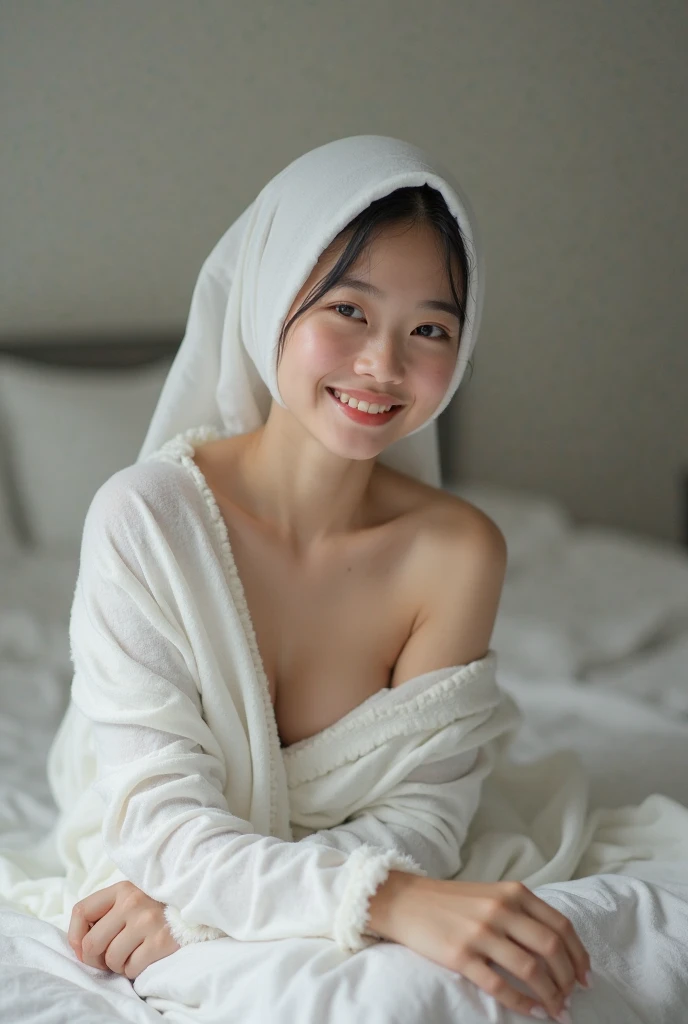 The eyes of a young, beautiful, naked Japanese woman with damp hair and skin, lying on the bed wrapped in a blue blanket, looking at me and smiling. Focal length 100mmf/2.8, spring night, rainy weather outside, bedroom on the upper floor of a high-rise apartment, well-shaped face, damp hair, moist skin, naked, blue blanket, realistic feeling, 8K image quality, highest quality.