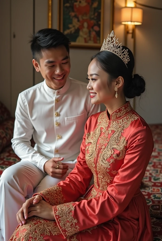 Create a captivating Indonesian wedding photo (1:1), birthday of the newlyweds – Joe and Rin, lifelike and authentic representation.
Bride adorned in a traditional white wedding gown, and hijab, beaming with joy and elegance.
Groom resplendent in a sharp suit and traditional cap, his face reflecting profound happiness.
Intimate setting featuring elegant white wedding decorations and "Joe & Rin" signage, enhancing the romantic ambiance.
Detailed environment: 8K Ultra HD, 30MP, Canon EOS R5, 24-70mm f/2.8 lens, softbox lighting, delivering