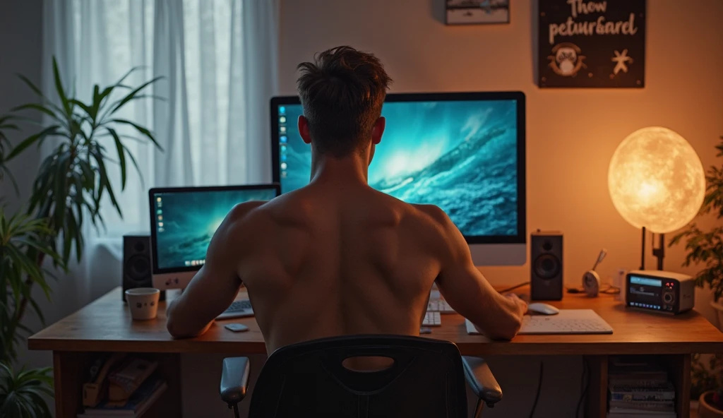 shirtless handsome man typing on laptop in dim bedroom