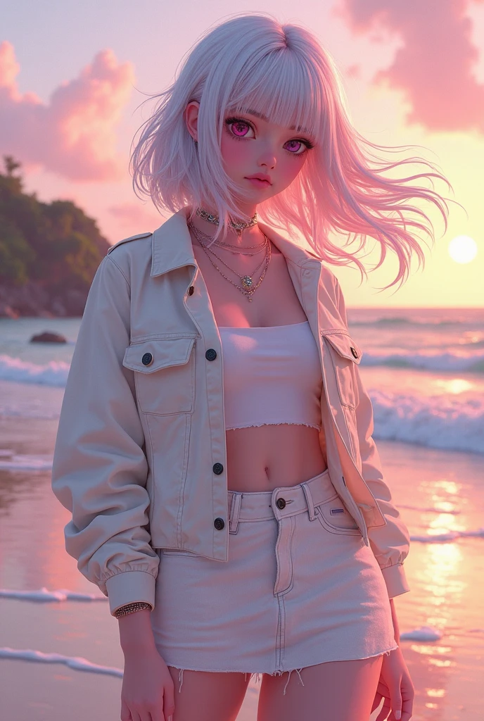 Background， Sky with a rainbow,wide shot，from below、 20-year-old woman, Platinum-coloured hair, (High Top Fade:1.3), Medium　length hair,(Hair with pink gradation at the ends,) ((pale red eyes,)) Dark Theme, Calm tone, Calm colors, High Contrast, (Natural skin texture, Hyperrealism, Soft Light, sharp)smile,Large size white raincoat, Black tank top, long shotBackground Sky with a rainbow, 20-year-old woman, Platinum-coloured hair, (High Top Fade:1.3), Shoulder-length hair,(Hair with pink gradation at the ends,) ((pale red eyes,)) Dark Theme, Calm tone, Calm colors, High Contrast, (Natural skin texture, Hyperrealism, Soft Light, sharp)smile,Large size white raincoat, Black tank top, 