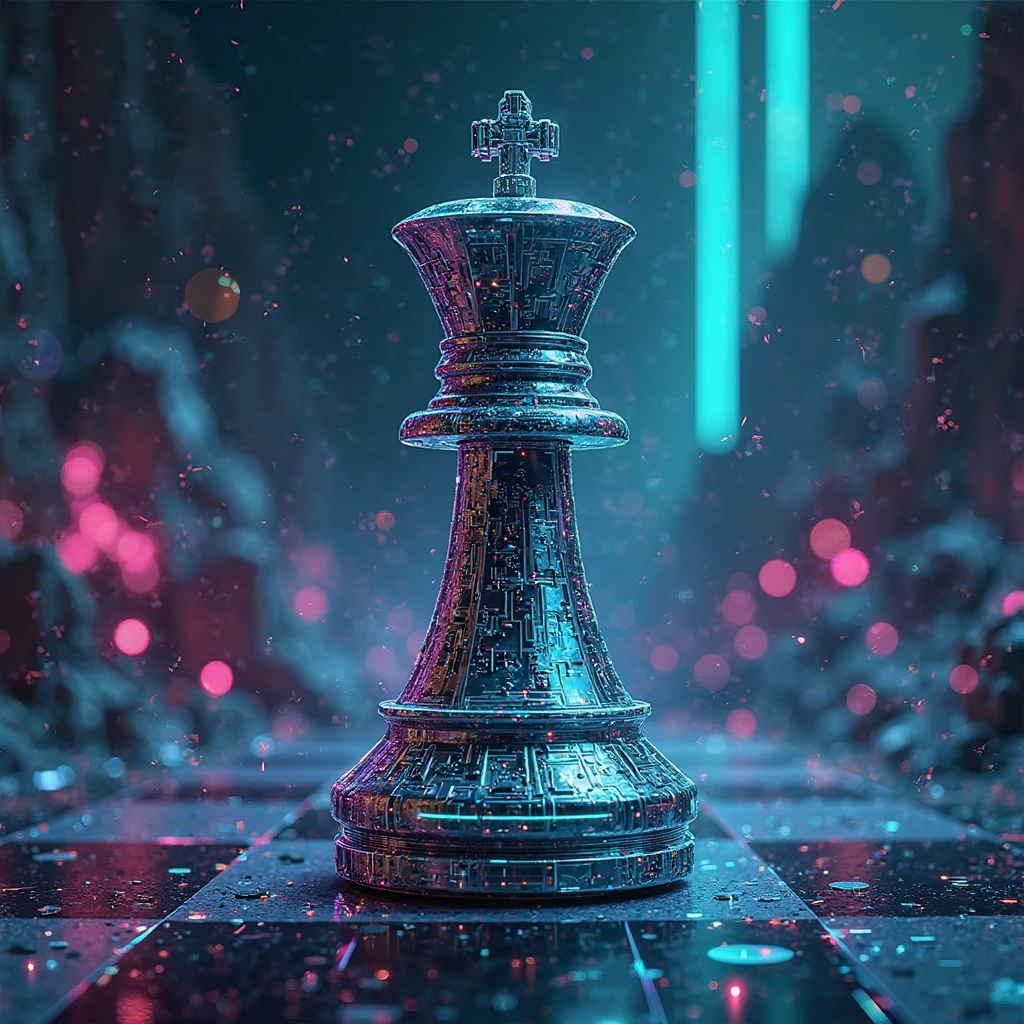 Create a symbol of a Chess Club Called King of the Table Originating from an NGO in a peripheral city, with a Cyberpunk style.