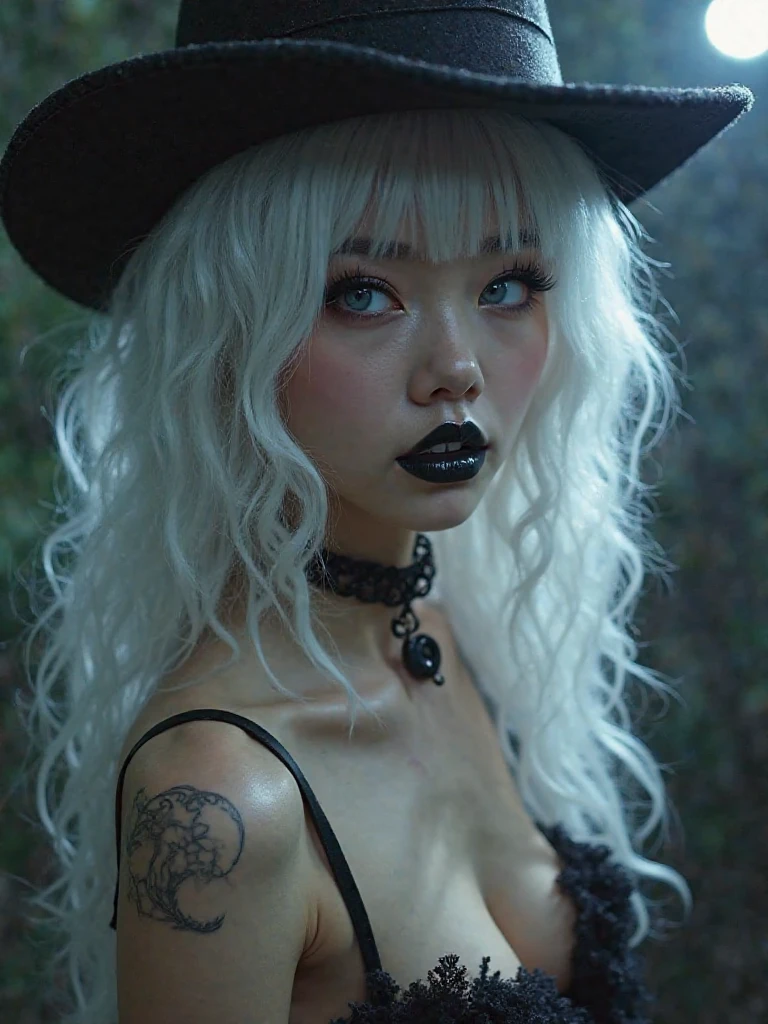 MeiMei, White hair, makeup, braided hair, hair over one eye, lipstick, witch, black witch hat, moonlight, masterpiece, high equality, beautiful light, big moon