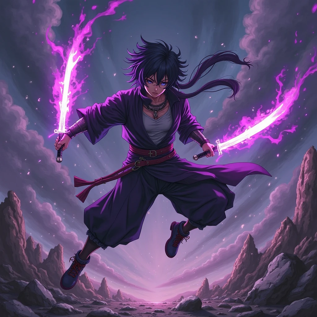 1kid boy, muscle, Full body version, 1character, purple eyes, short haircut, angry eyes, black color hair, topless, boots, Grassroots, full background in field town, motion blur, lighting, (one piece art), battle gesture, bandage, smoke effect, fire burning in hand,